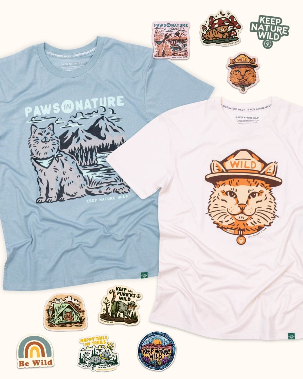 Keep Nature Wild 2 Cat Tees + 9 Stickers Free | Cat Paws in Nature & Wild Cat | Bundle