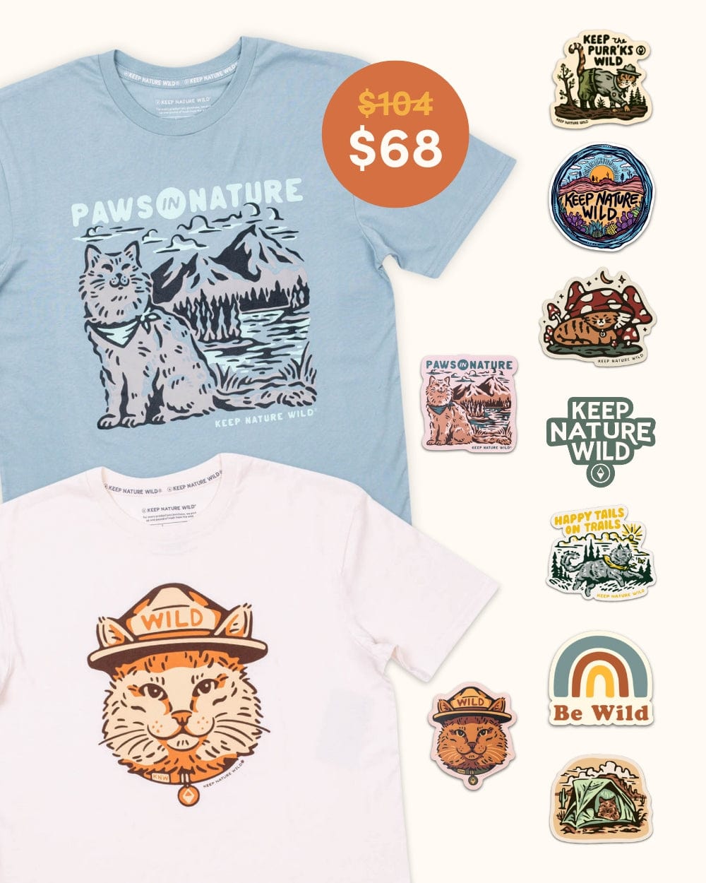 Keep Nature Wild 2 Cat Tees + 9 Stickers Free | Cat Paws in Nature & Wild Cat | Bundle