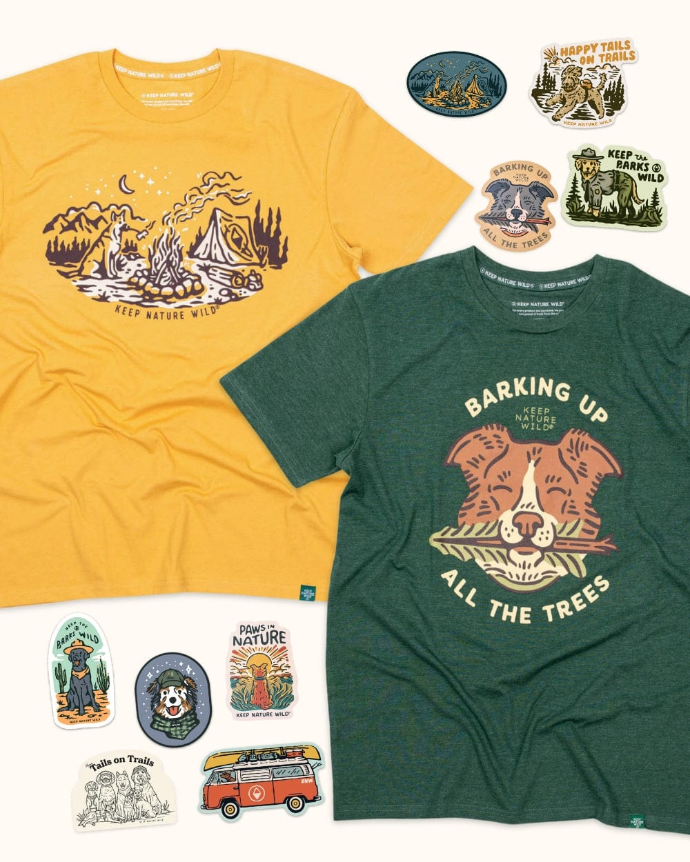 Keep Nature Wild 2 Dog Tees + 9 Stickers Free | Campfire Dog & Barking Up All the Trees | Bundle