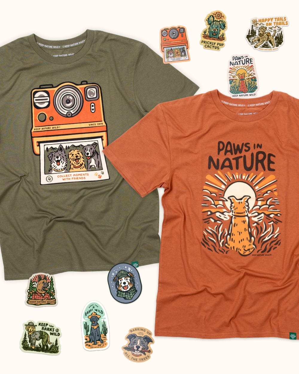 Keep Nature Wild 2 Dog Tees + 9 Stickers Free | Collect Moments with Friends & Dog Paws in Nature | Bundle