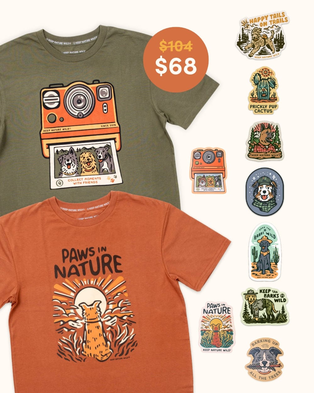 Keep Nature Wild 2 Dog Tees + 9 Stickers Free | Collect Moments with Friends & Dog Paws in Nature | Bundle
