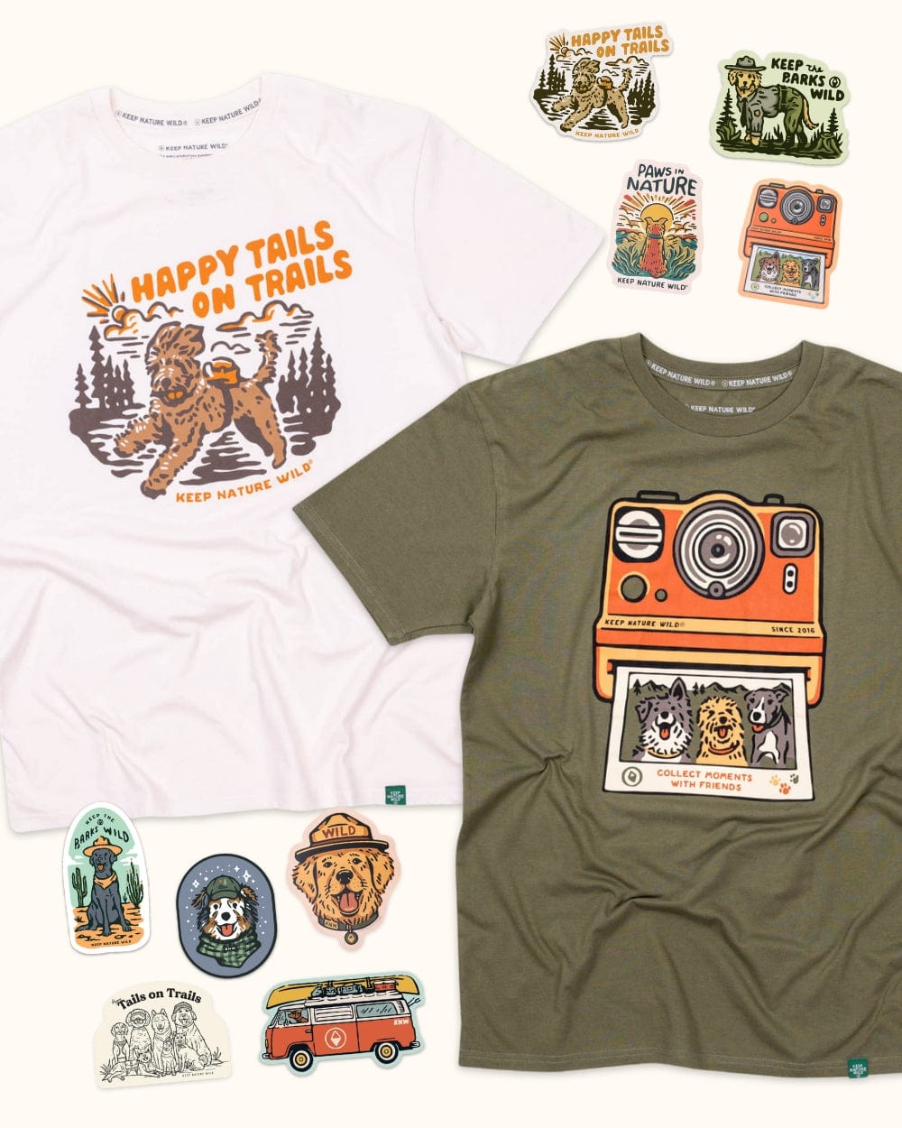 Keep Nature Wild 2 Dog Tees + 9 Stickers Free | Happy Tails on Trails & Collect Moments with Friends | Bundle