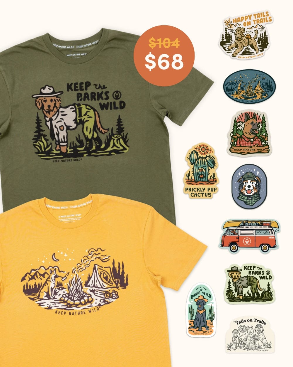 Keep Nature Wild Bundle 2 Dog Tees + 9 Stickers Free | Keep the Barks Wild & Campfire Dog | Bundle
