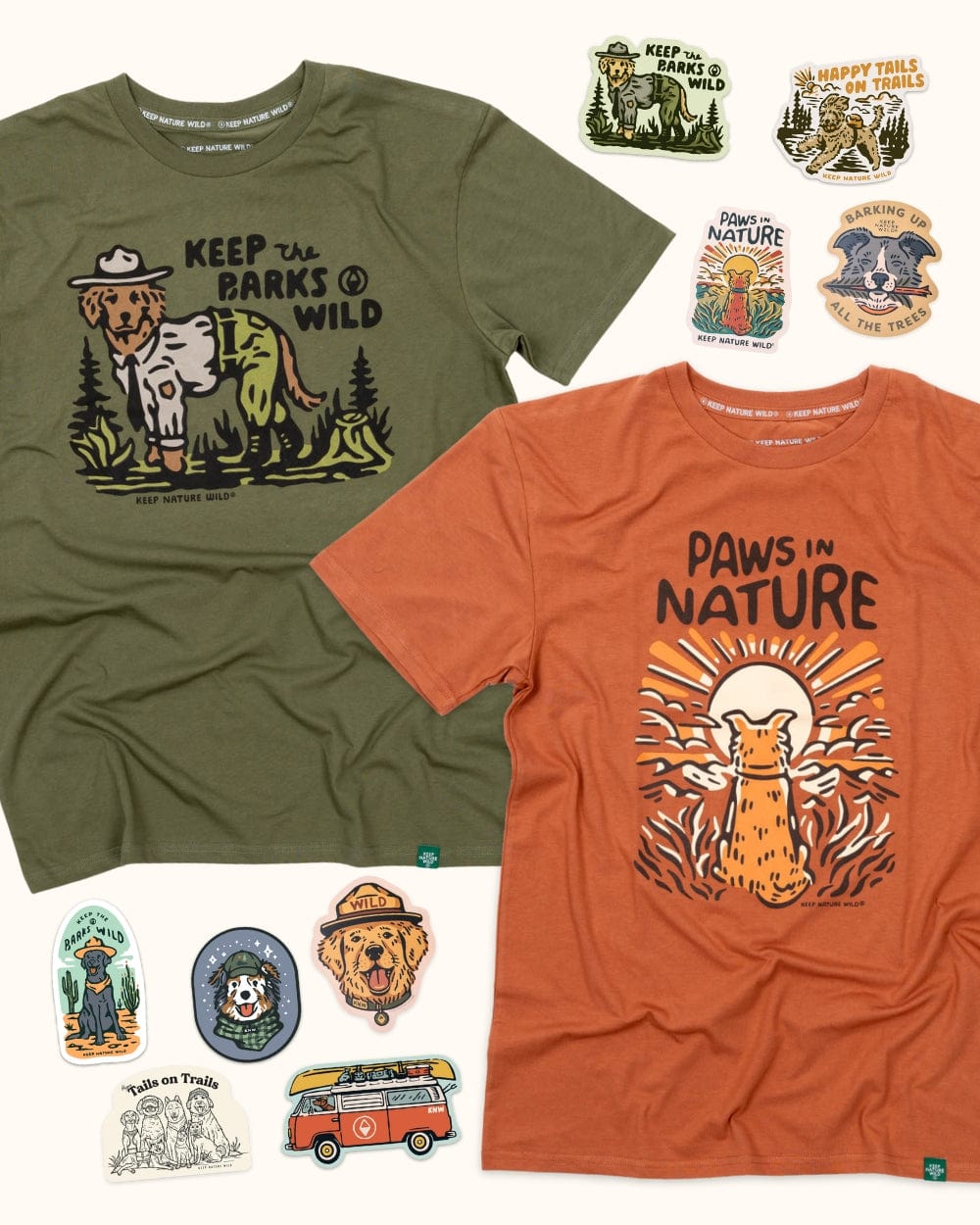 Keep Nature Wild 2 Dog Tees + 9 Stickers Free | Keep the Barks Wild & Dog Paws in Nature | Bundle