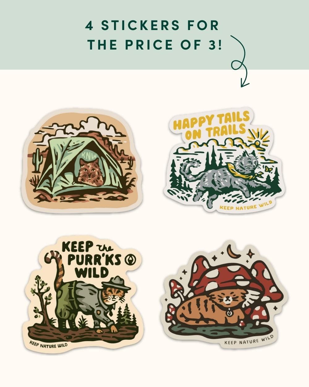 Keep Nature Wild Sticker Pack Adventure Cats Stickers Bundle | 4-Pack