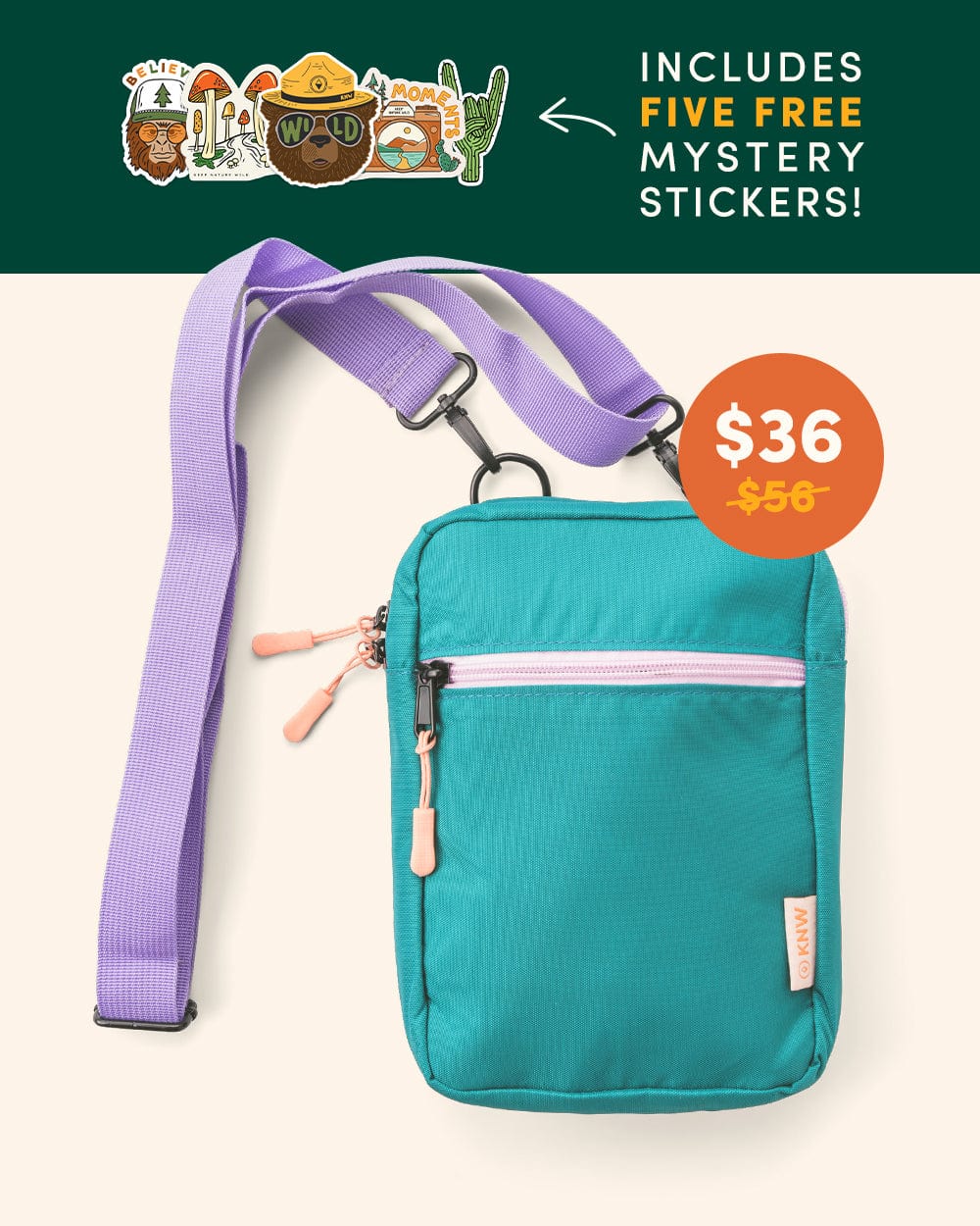 Keep Nature Wild Crossbody Bag + Mystery Stickers Bundle | Teal/Lavender