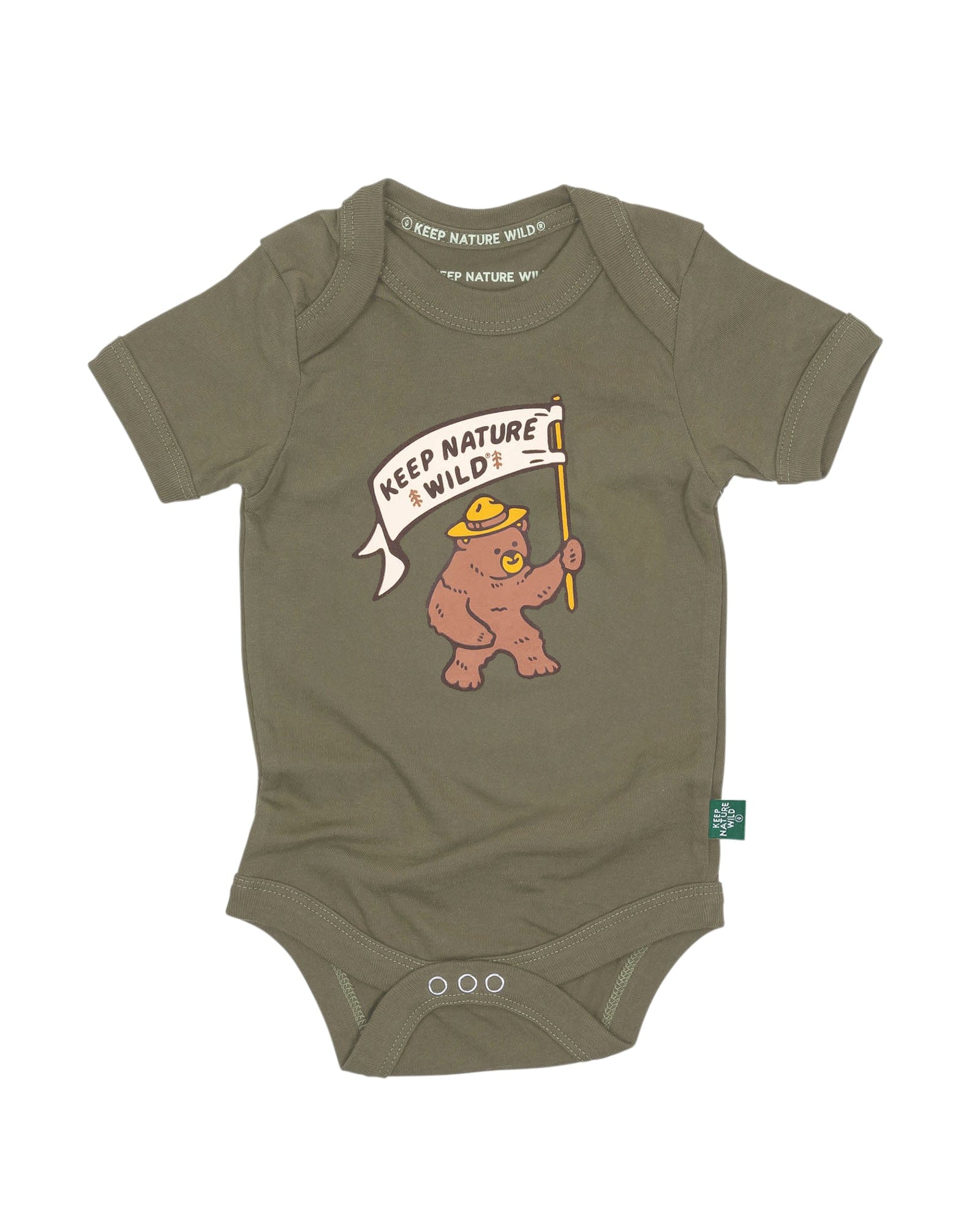 Keep Nature Wild Kids Happy Camper Bear Baby Bodysuit | Olive