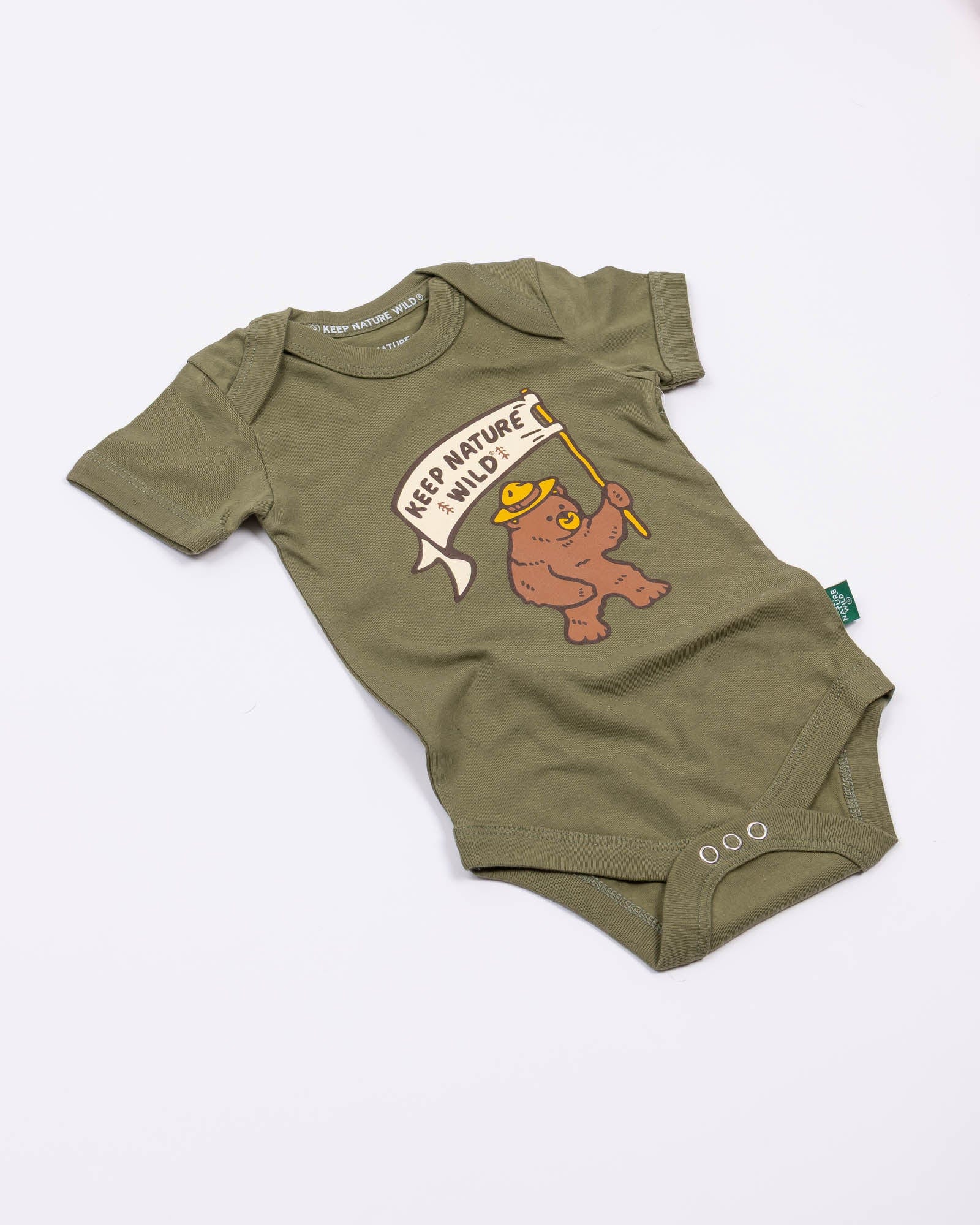 Keep Nature Wild Kids Happy Camper Bear Baby Bodysuit | Olive