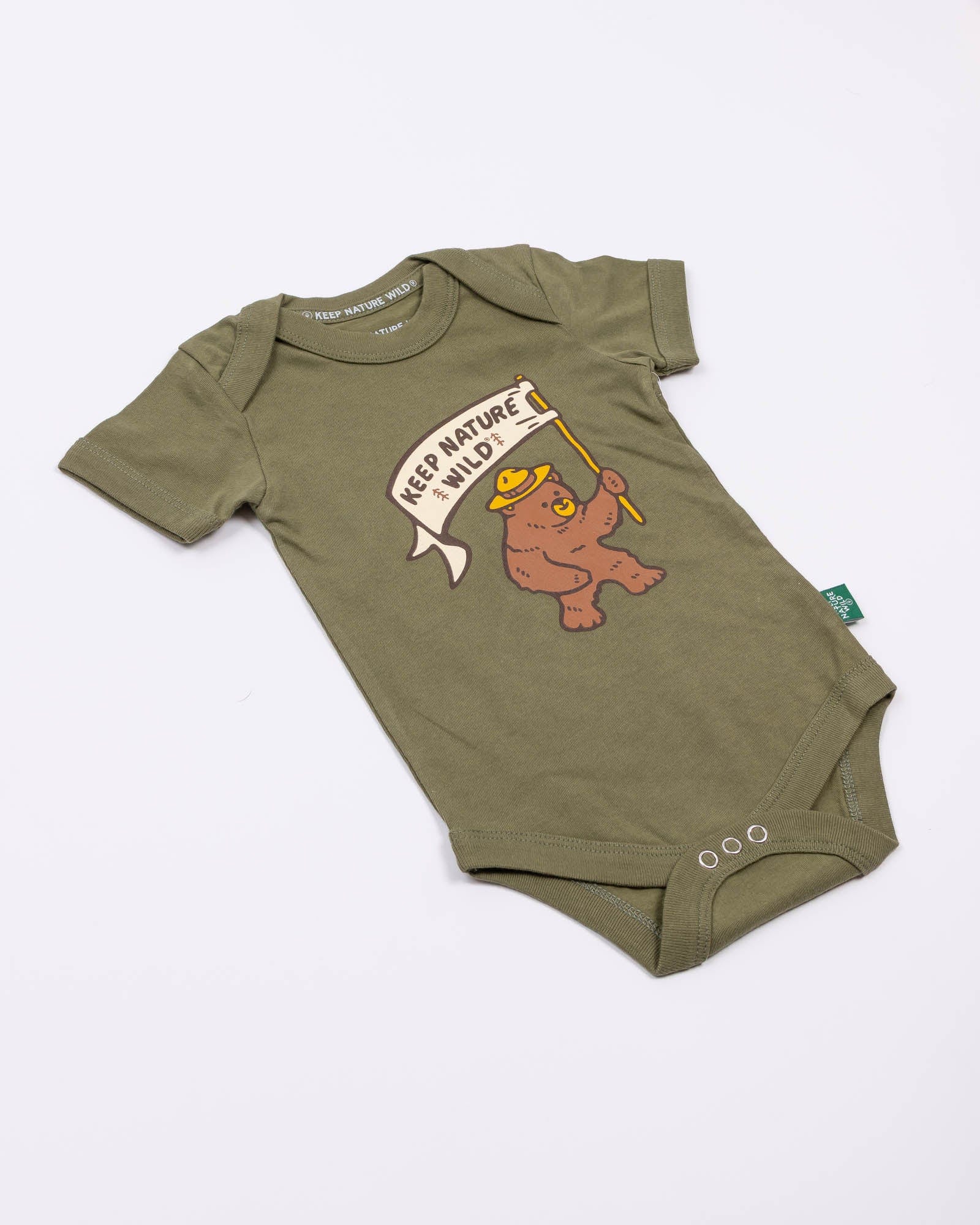 Keep Nature Wild Kids Happy Camper Bear Baby Bodysuit | Olive