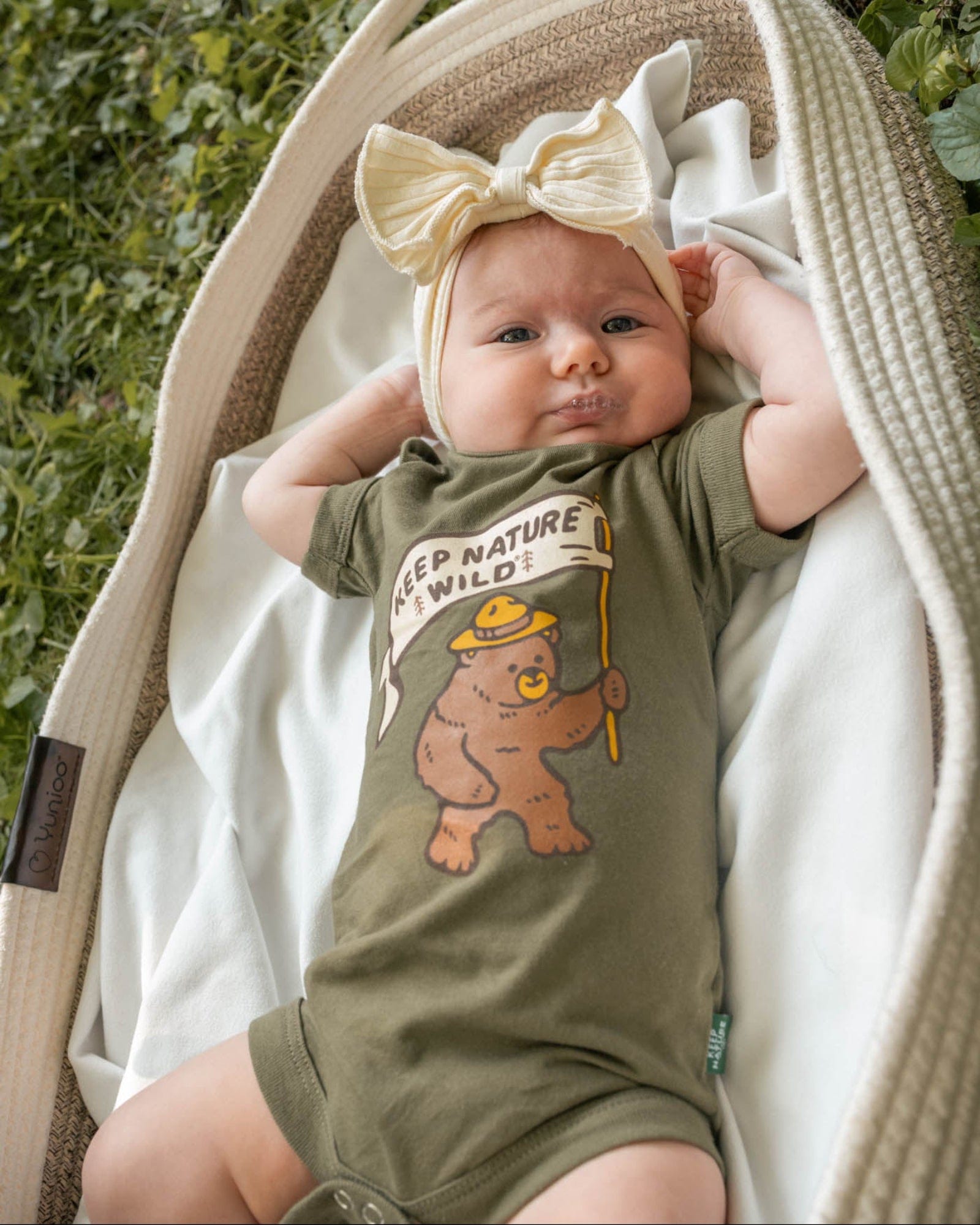 Keep Nature Wild Kids Happy Camper Bear Baby Bodysuit | Olive