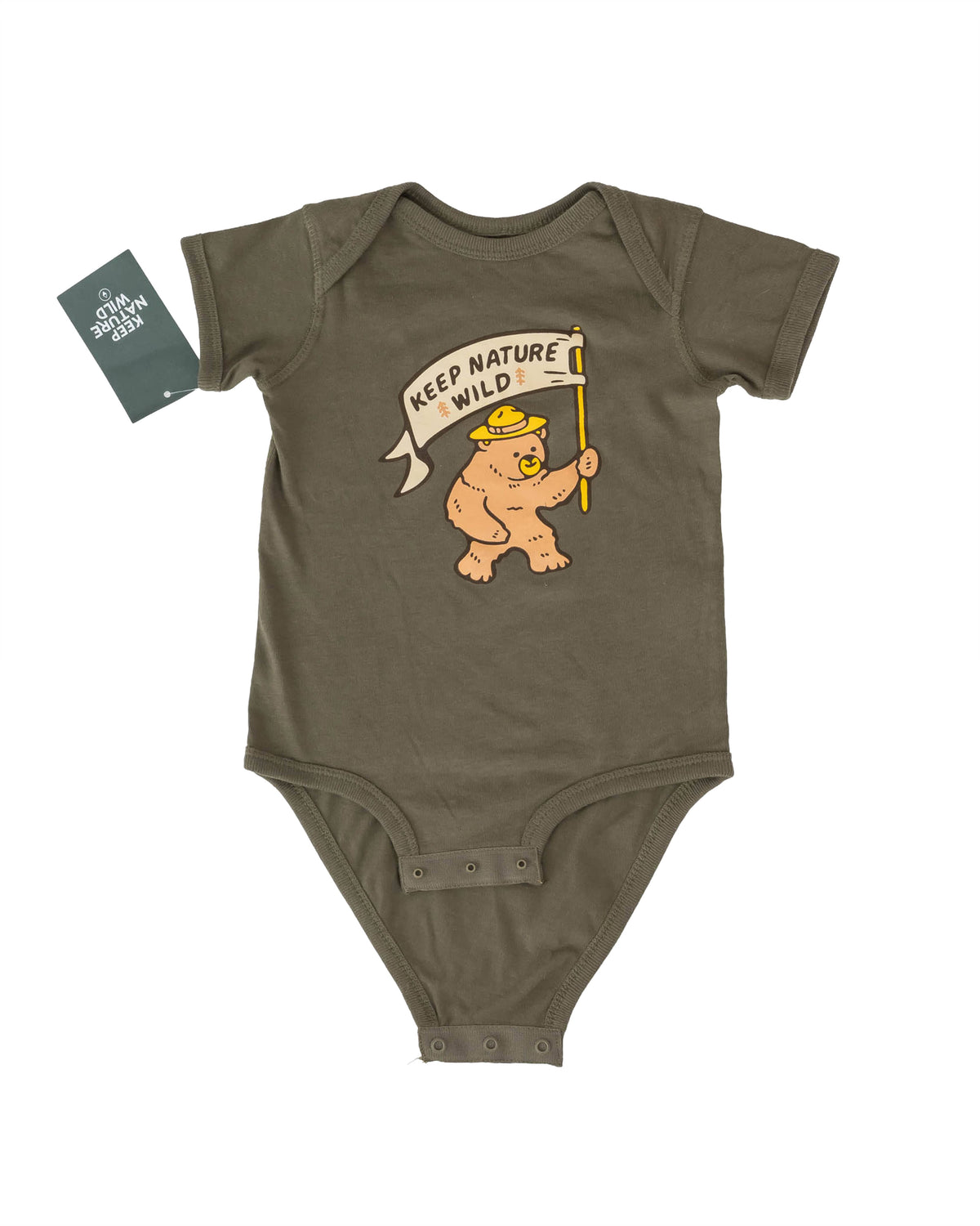 Keep Nature Wild Kids Happy Camper Bear Baby Bodysuit | Olive