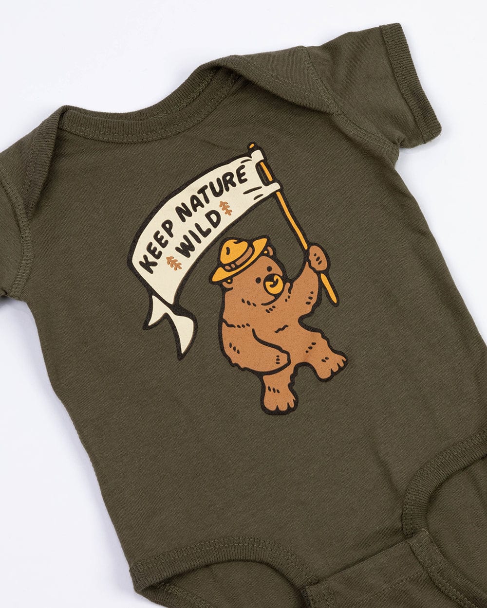 Keep Nature Wild Kids Happy Camper Bear Onesie | Olive