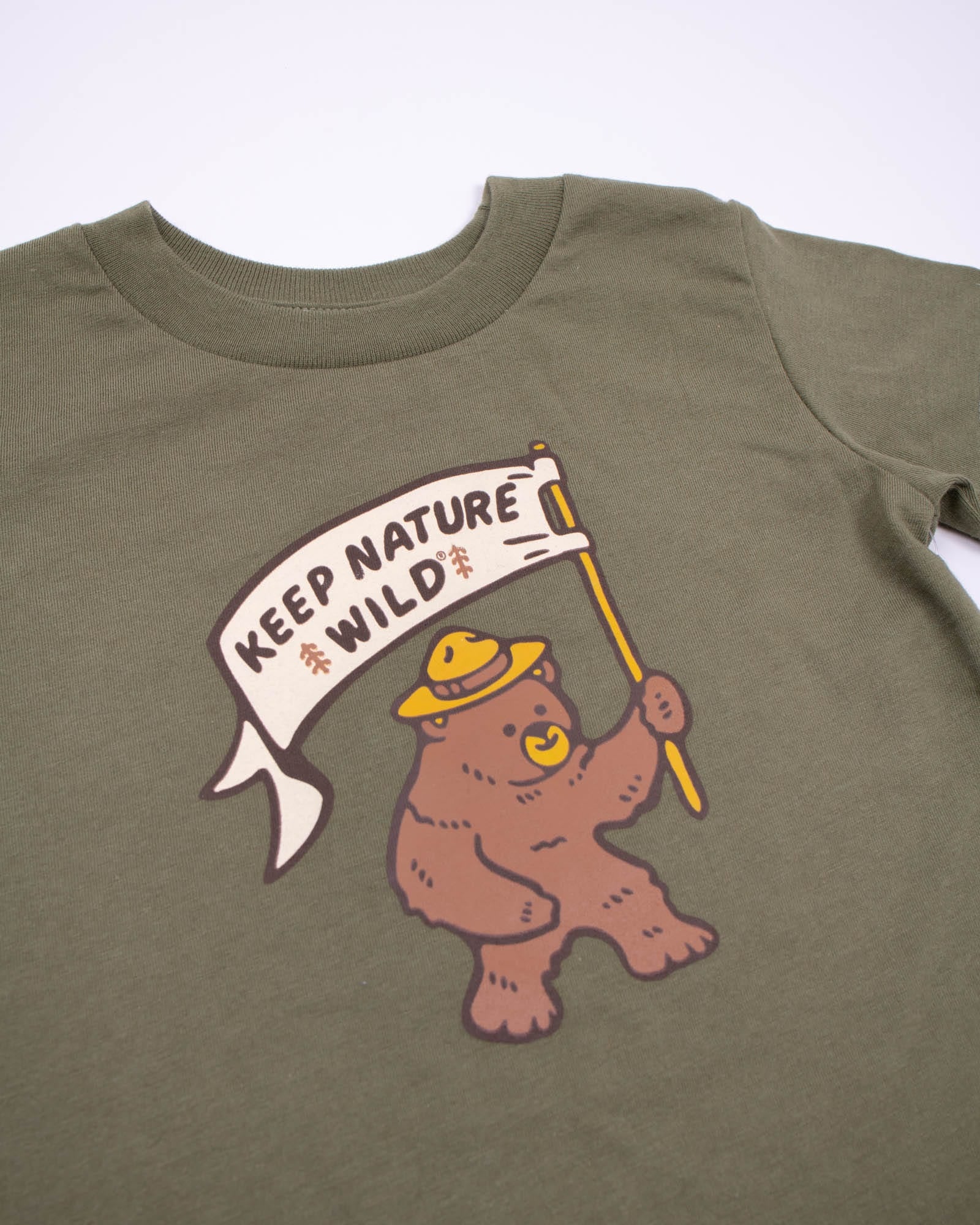 Keep Nature Wild Kids Happy Camper Bear Toddler Tee | Olive