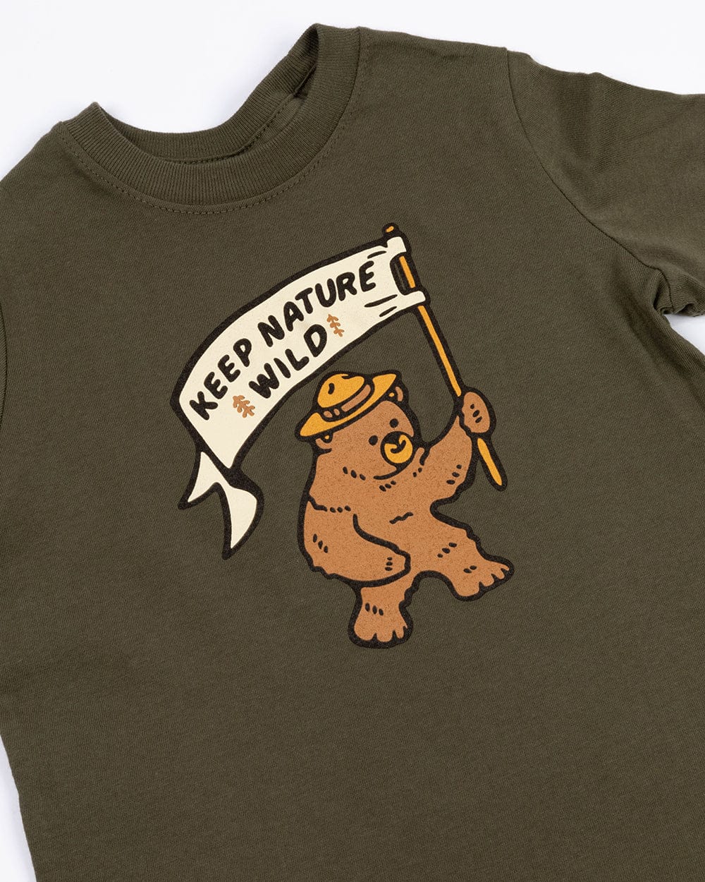 Keep Nature Wild Kids Happy Camper Bear Toddler Tee | Olive