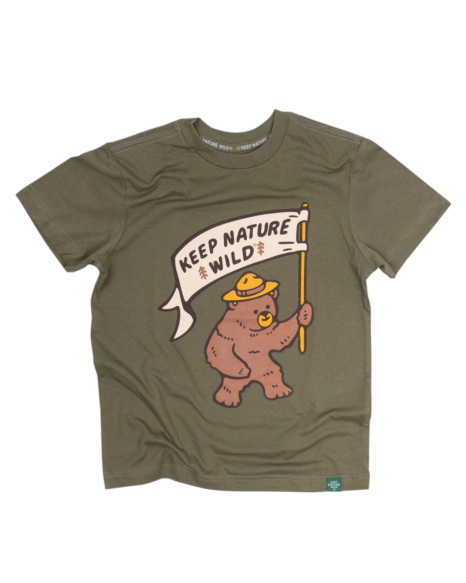 Keep Nature Wild Kids Happy Camper Bear Youth Tee | Olive