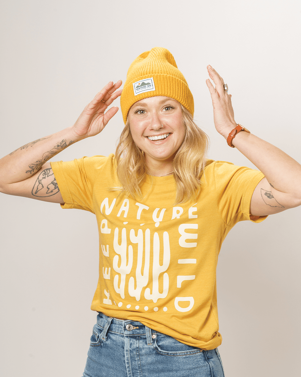 Keep Nature Wild Beanie Venture On Mountain Range Recycled Knit Beanie | Mustard
