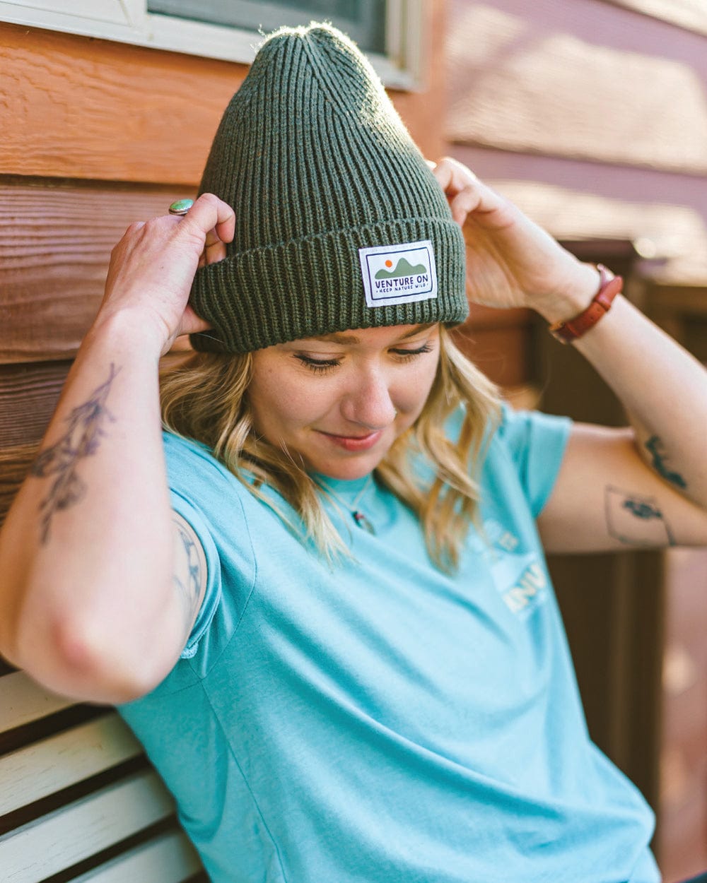 Keep Nature Wild Beanie Venture On Mountain Range Recycled Knit Beanie | Olive