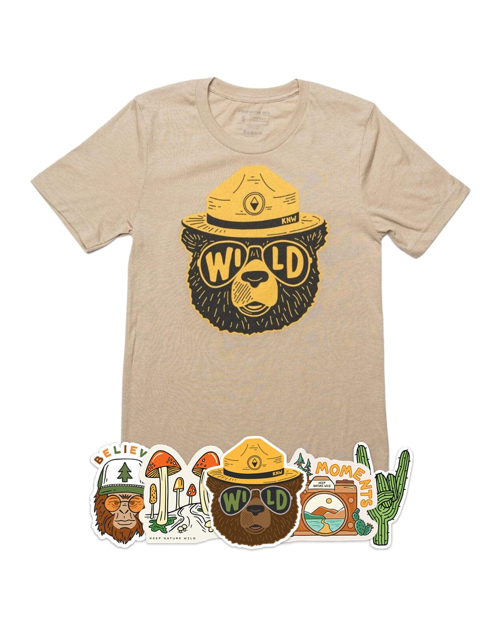 Keep Nature Wild Tee Wildbear Unisex Tee | Heather Tan + Mystery Stickers Bundle