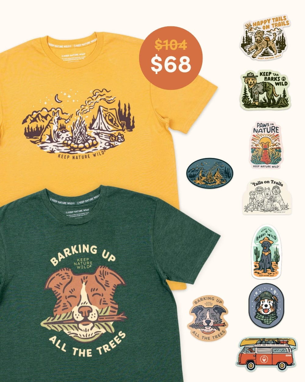 Keep Nature Wild 2 Dog Tees + 9 Stickers Free | Campfire Dog & Barking Up All the Trees | Bundle