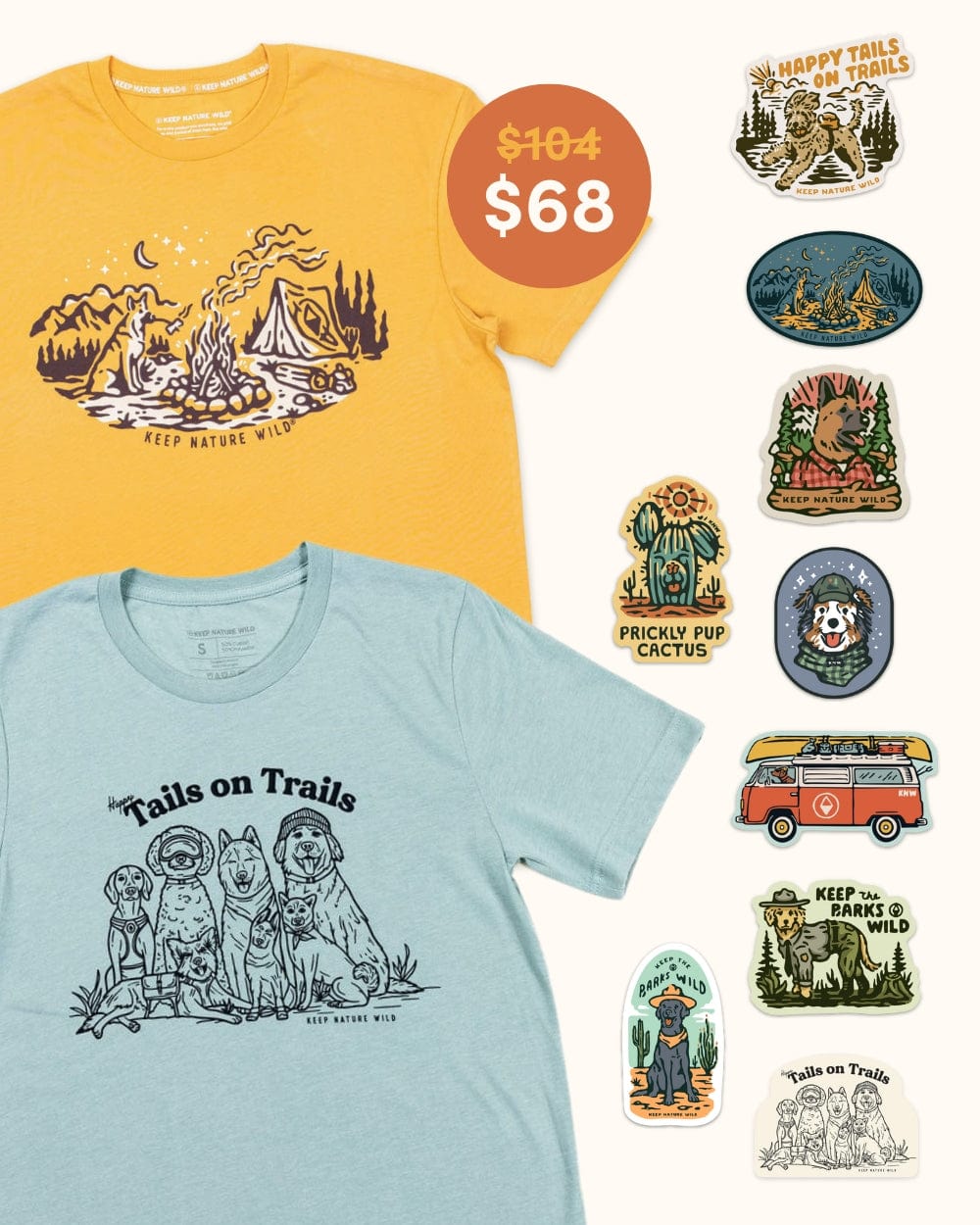 Keep Nature Wild Bundle 2 Dog Tees + 9 Stickers Free | Campfire Dog & Happy Tails | Bundle