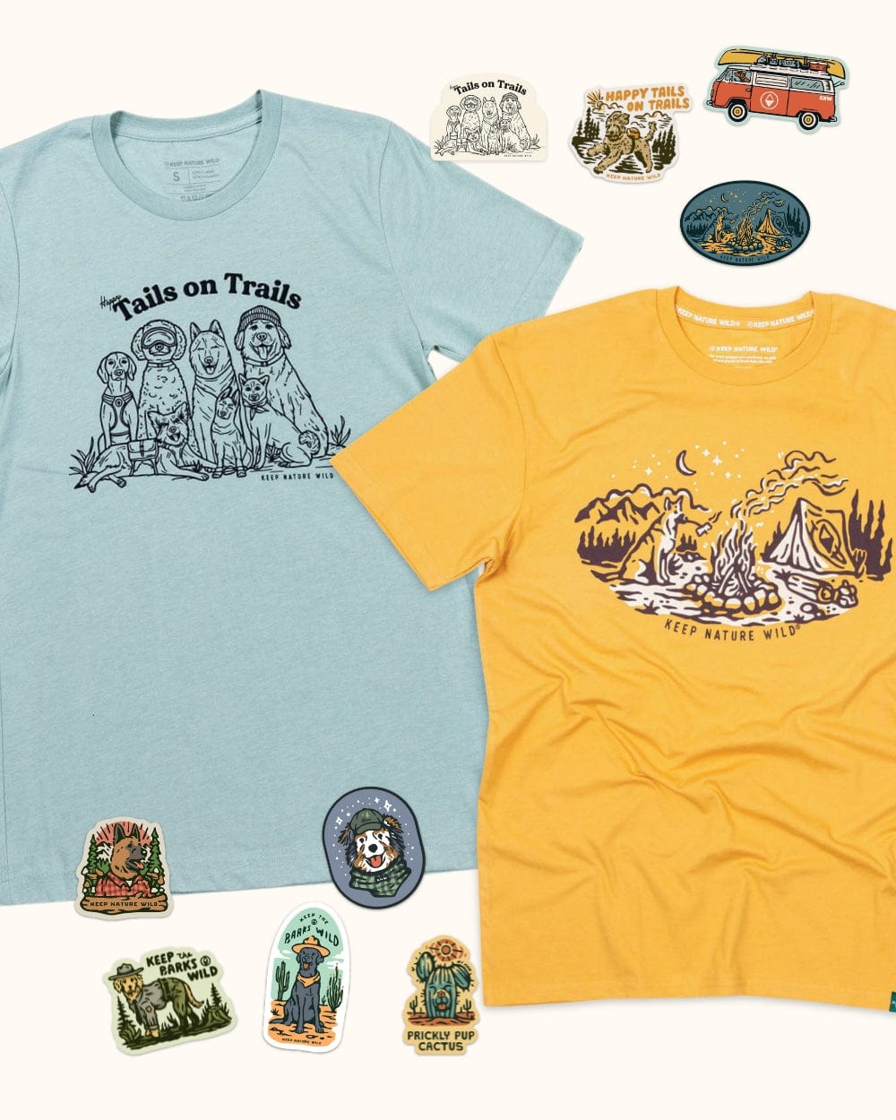 Keep Nature Wild Bundle 2 Dog Tees + 9 Stickers Free | Campfire Dog & Happy Tails | Bundle