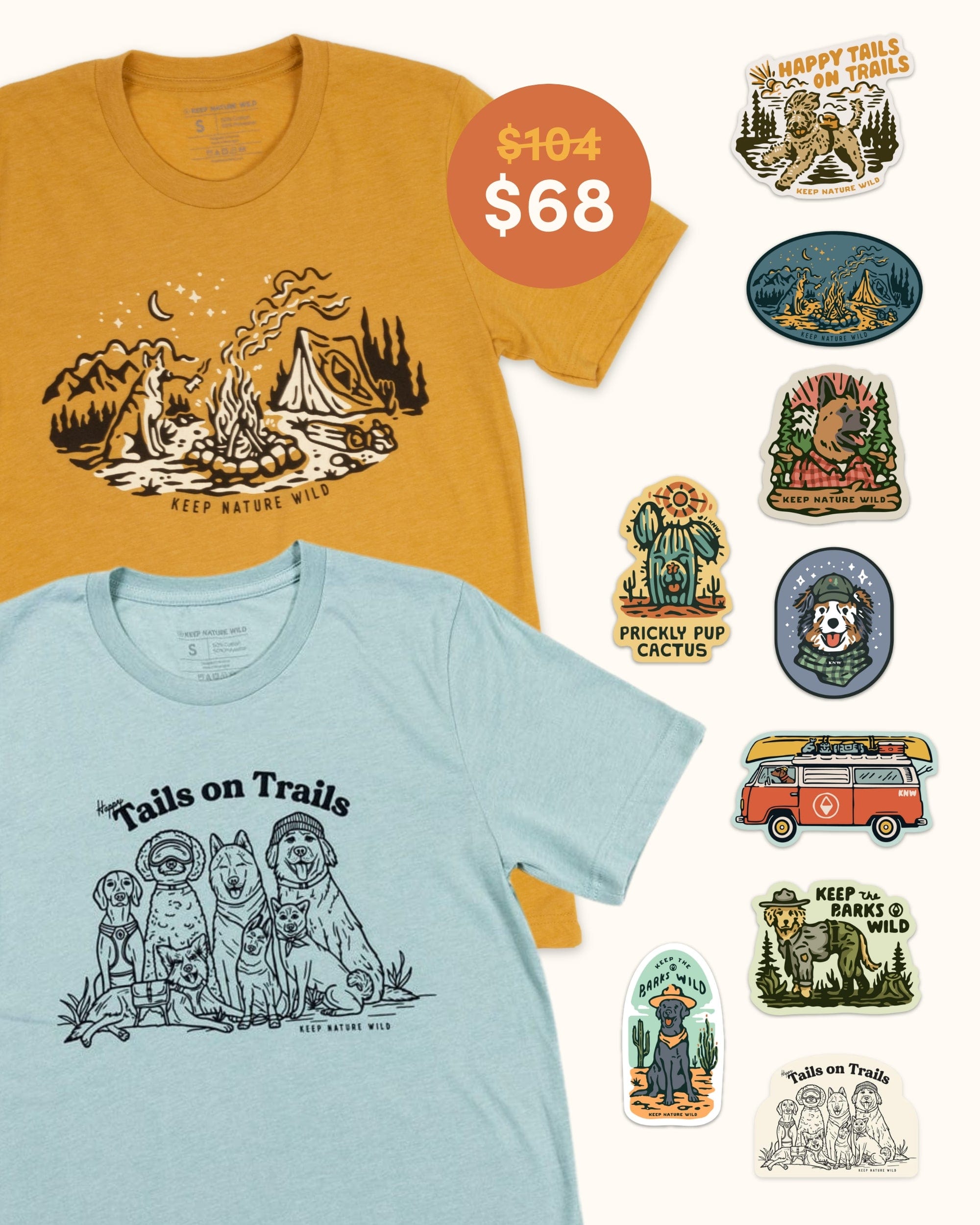 Keep Nature Wild 2 Dog Tees + 9 Stickers Free | Campfire Dog & Happy Tails | Bundle