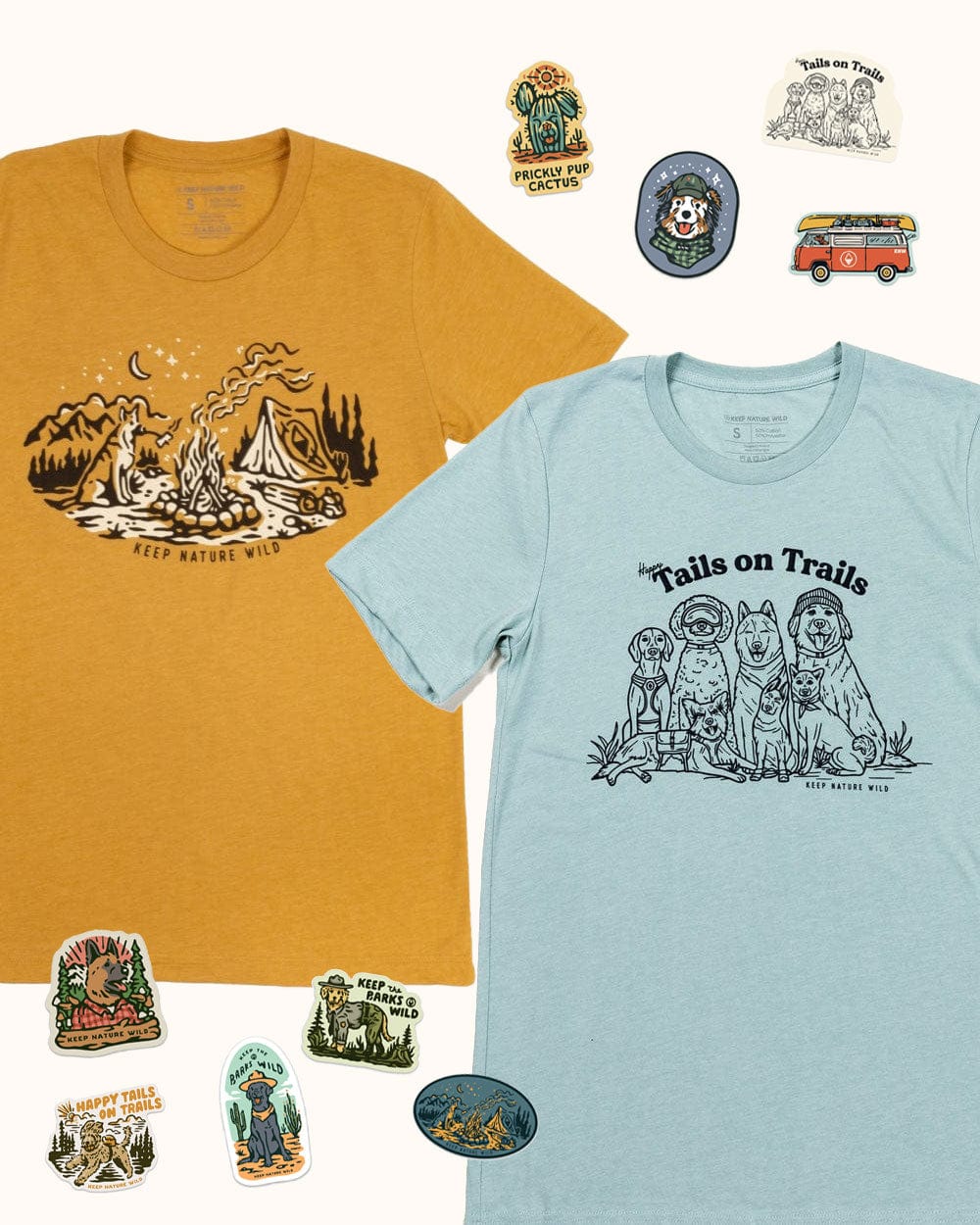 Keep Nature Wild 2 Dog Tees + 9 Stickers Free | Campfire Dog & Happy Tails | Bundle