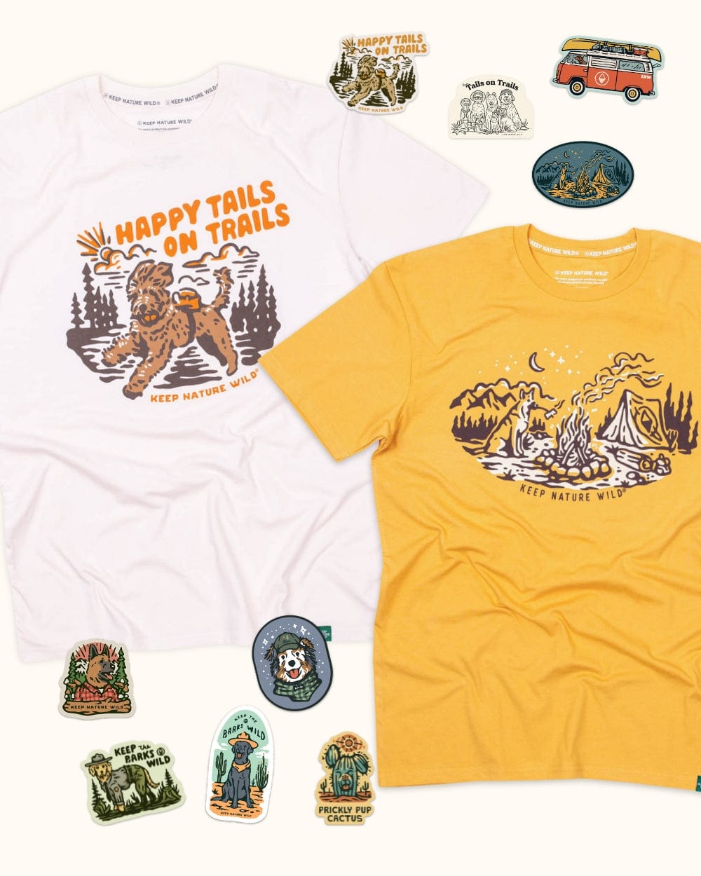 Keep Nature Wild Bundle 2 Dog Tees + 9 Stickers Free | Campfire Dog & Happy Tails on Trails | Bundle