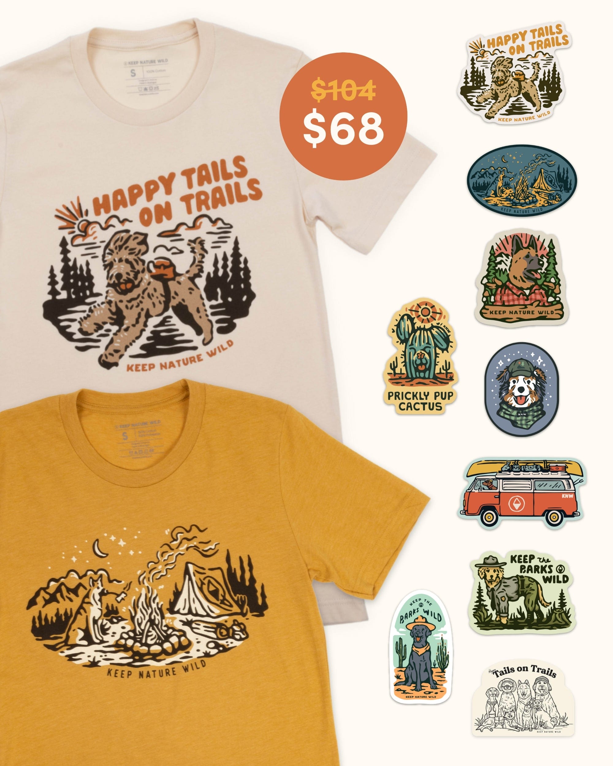 Keep Nature Wild 2 Dog Tees + 9 Stickers Free | Campfire Dog & Happy Tails on Trails | Bundle