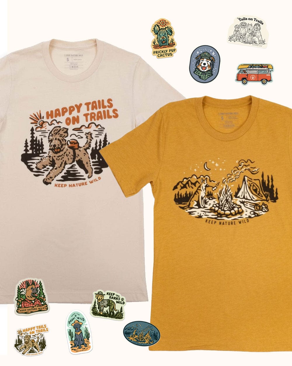 Keep Nature Wild 2 Dog Tees + 9 Stickers Free | Campfire Dog & Happy Tails on Trails | Bundle