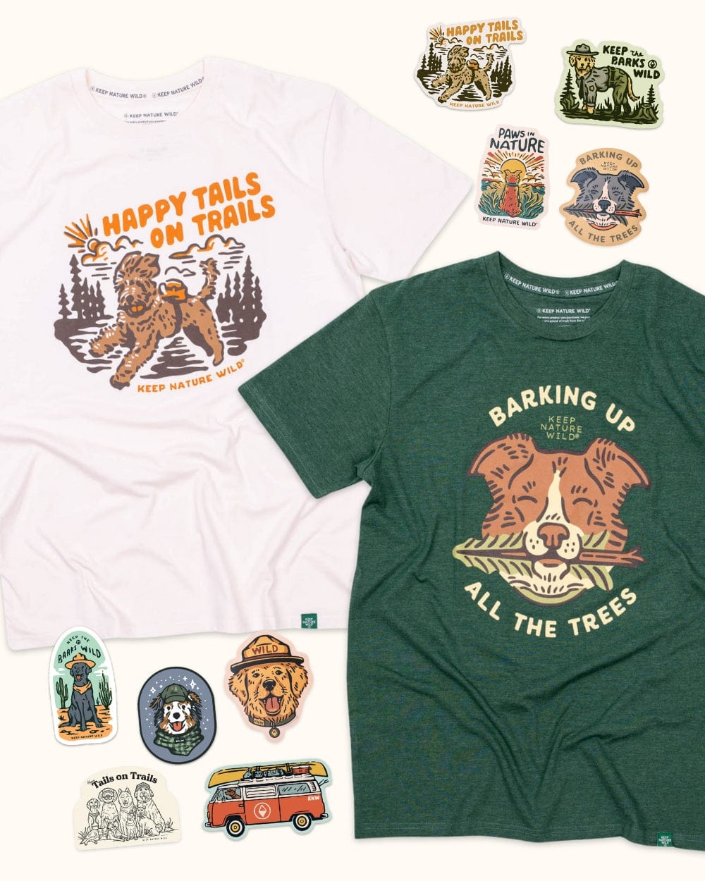 Keep Nature Wild 2 Dog Tees + 9 Stickers Free | Happy Tails on Trails & Barking Up All the Trees | Bundle