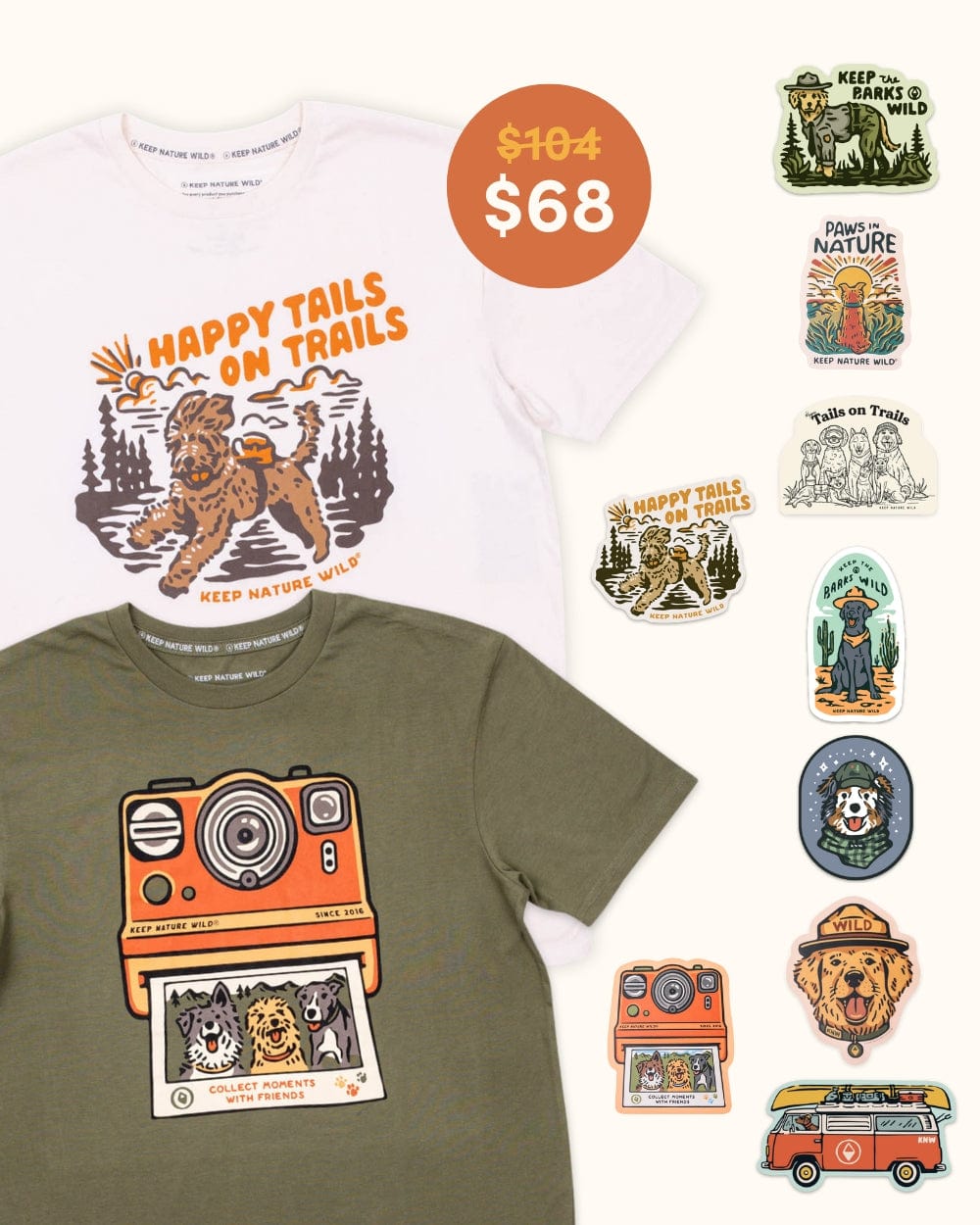 Keep Nature Wild 2 Dog Tees + 9 Stickers Free | Happy Tails on Trails & Collect Moments with Friends | Bundle