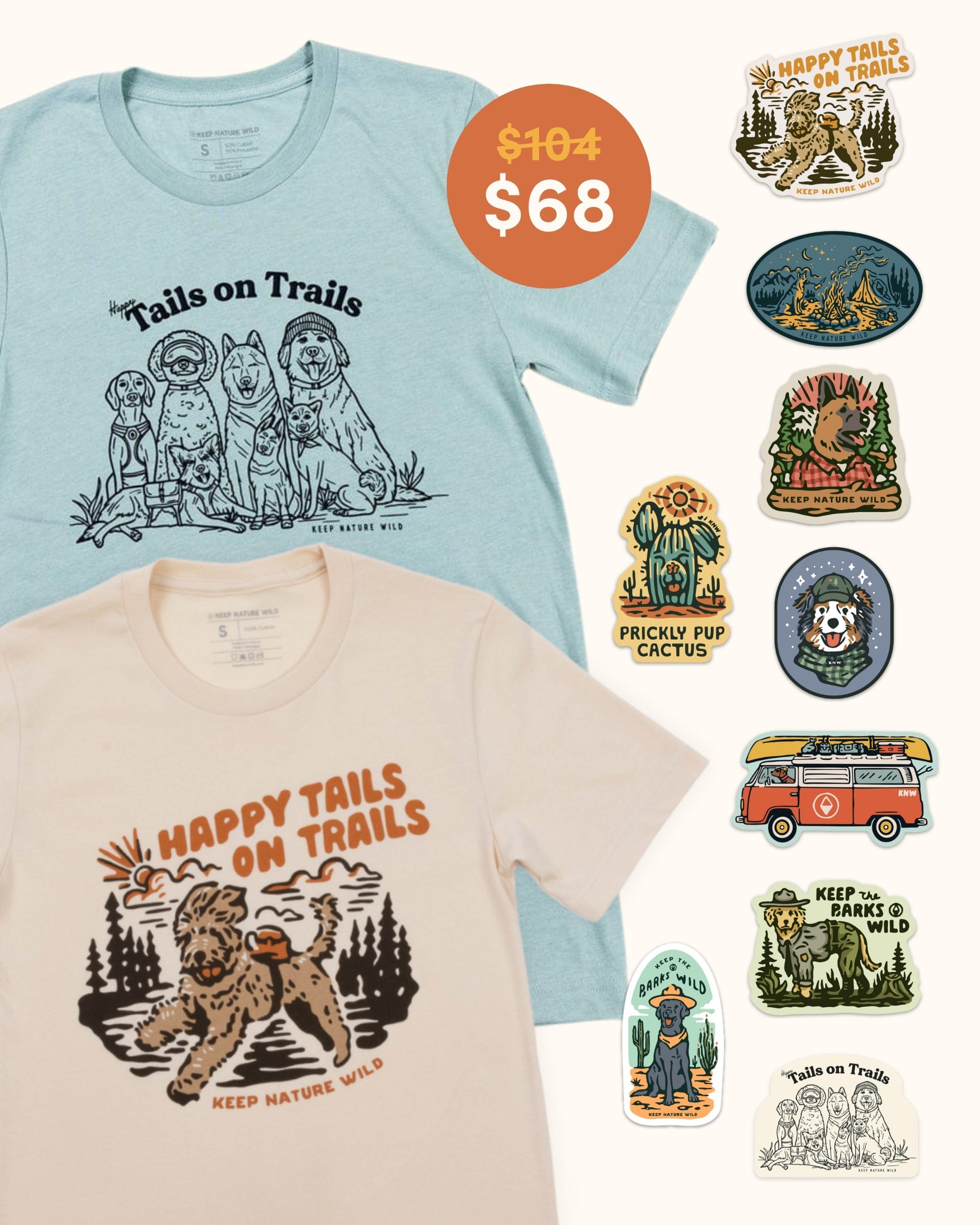 Keep Nature Wild 2 Dog Tees + 9 Stickers Free | Happy Tails on Trails & Happy Tails | Bundle