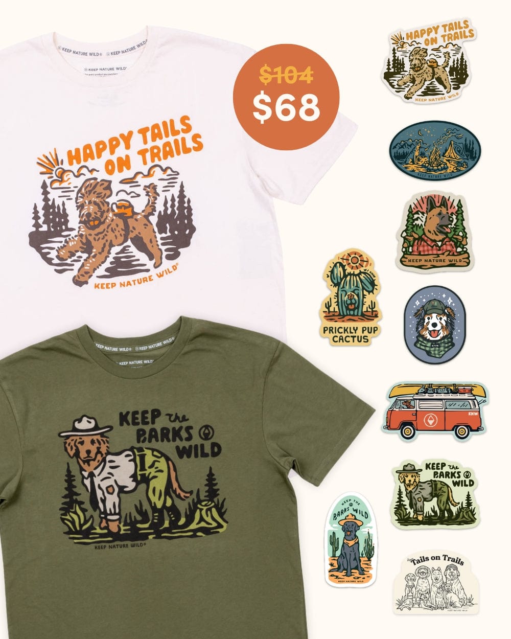 Keep Nature Wild Bundle 2 Dog Tees + 9 Stickers Free | Happy Tails on Trails & Keep the Barks Wild | Bundle