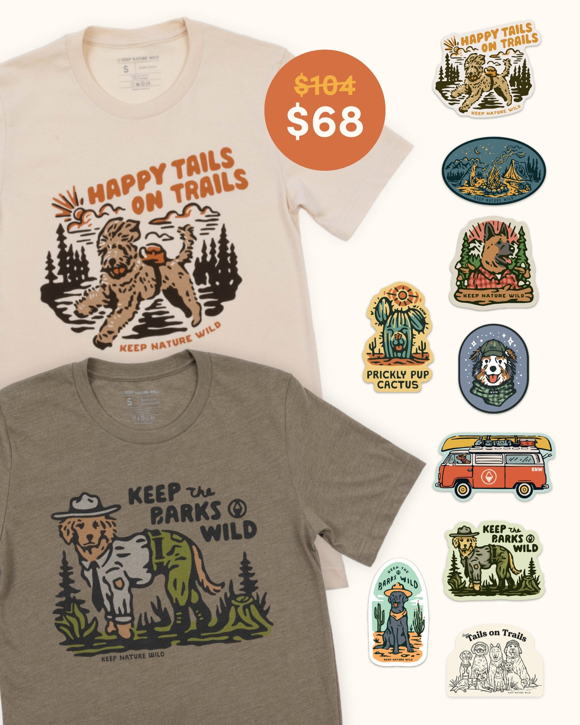 Keep Nature Wild 2 Dog Tees + 9 Stickers Free | Happy Tails on Trails & Keep the Barks Wild | Bundle