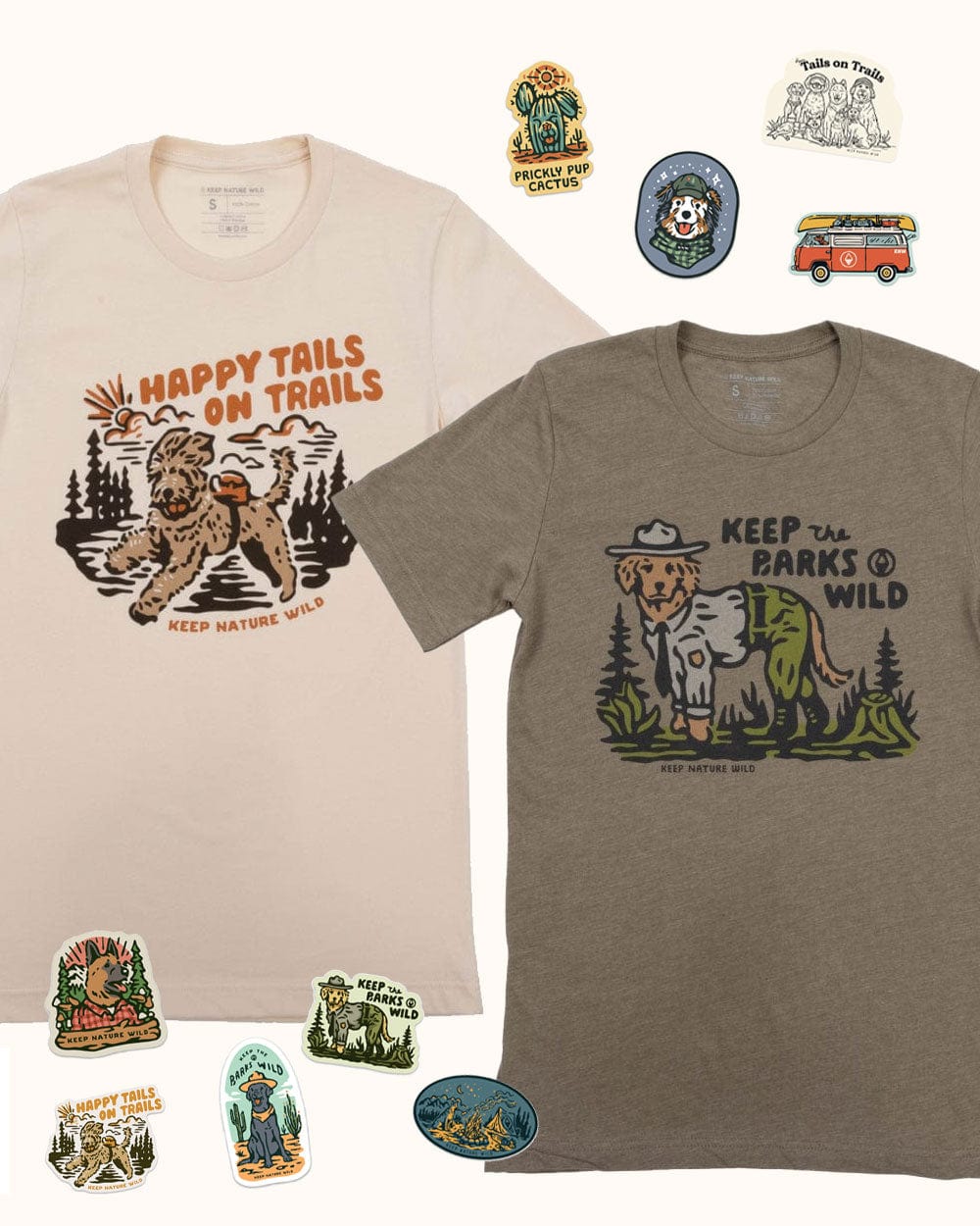 Keep Nature Wild 2 Dog Tees + 9 Stickers Free | Happy Tails on Trails & Keep the Barks Wild | Bundle