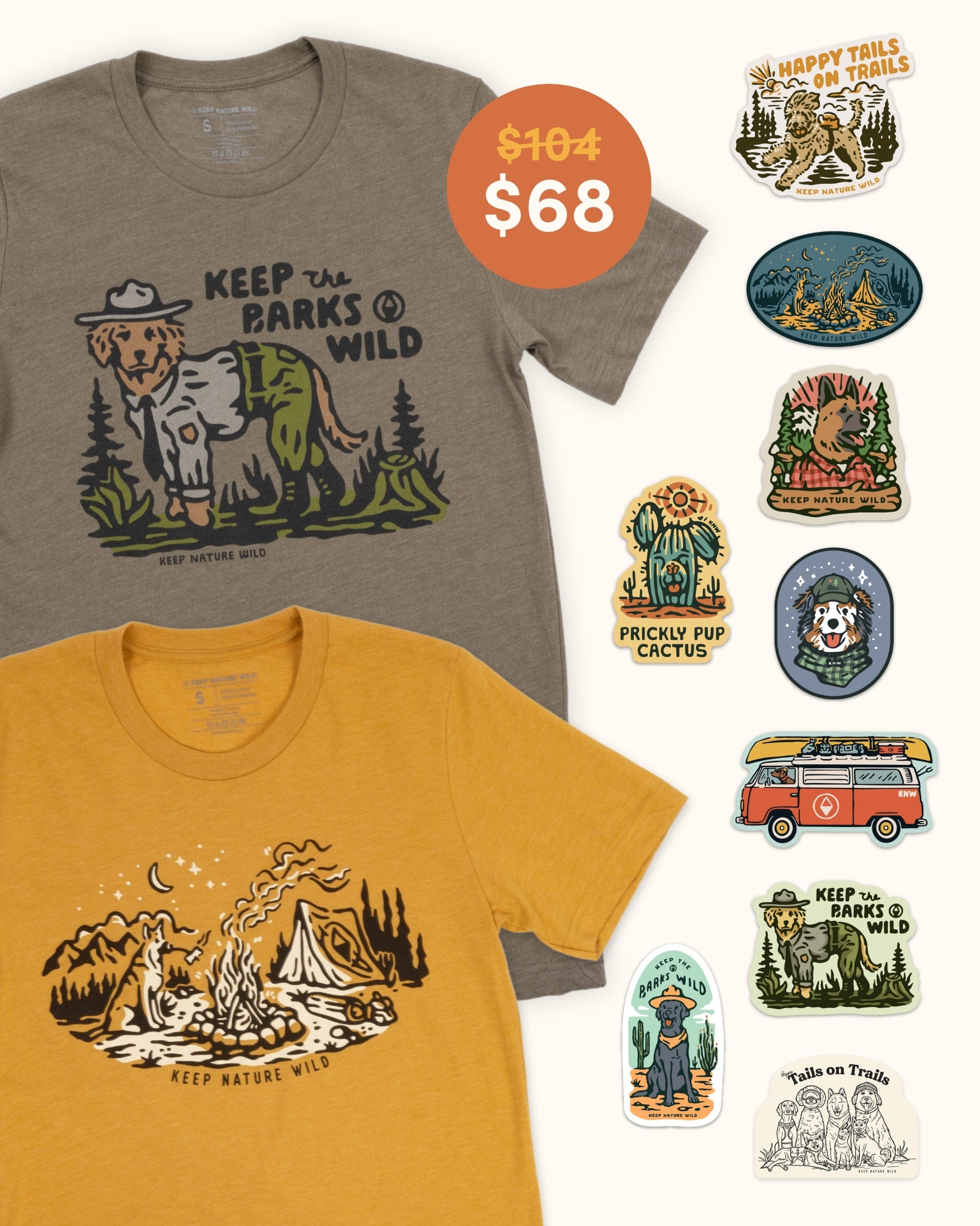 Keep Nature Wild 2 Dog Tees + 9 Stickers Free | Keep the Barks Wild & Campfire Dog | Bundle