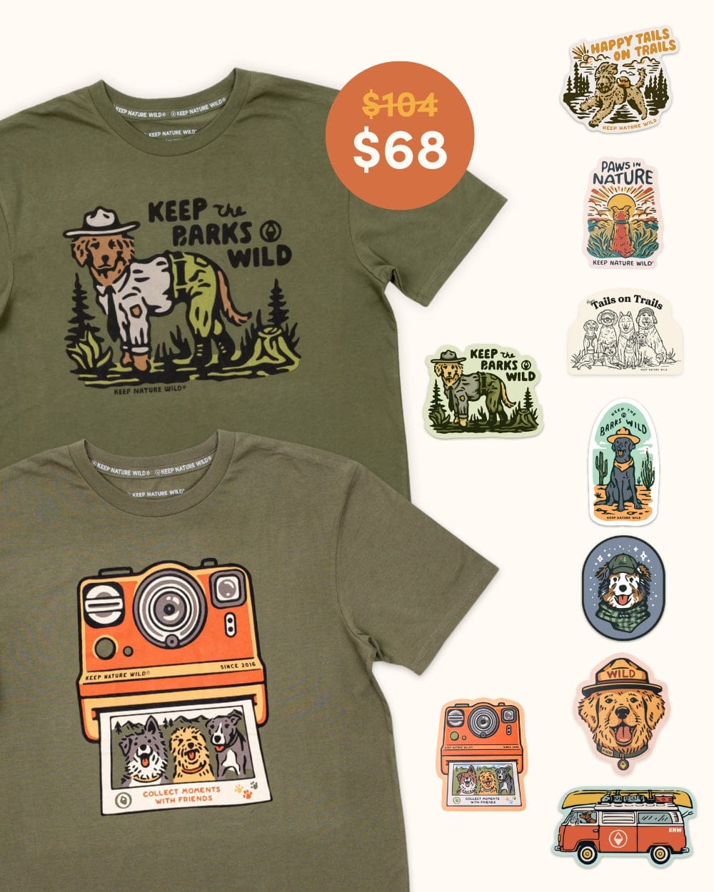 Keep Nature Wild 2 Dog Tees + 9 Stickers Free | Keep the Barks Wild & Collect Moments with Friends | Bundle