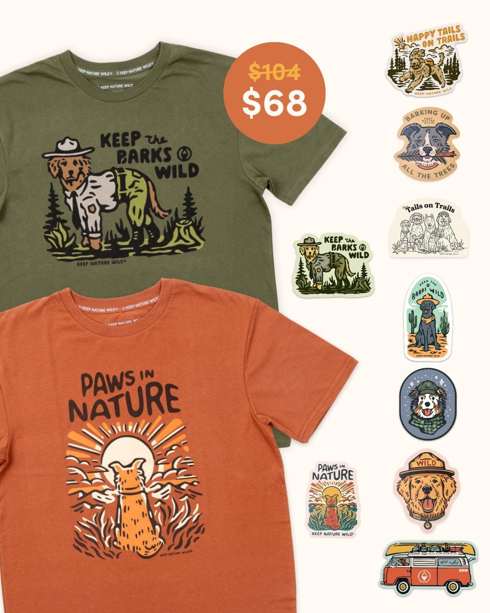 Keep Nature Wild 2 Dog Tees + 9 Stickers Free | Keep the Barks Wild & Dog Paws in Nature | Bundle