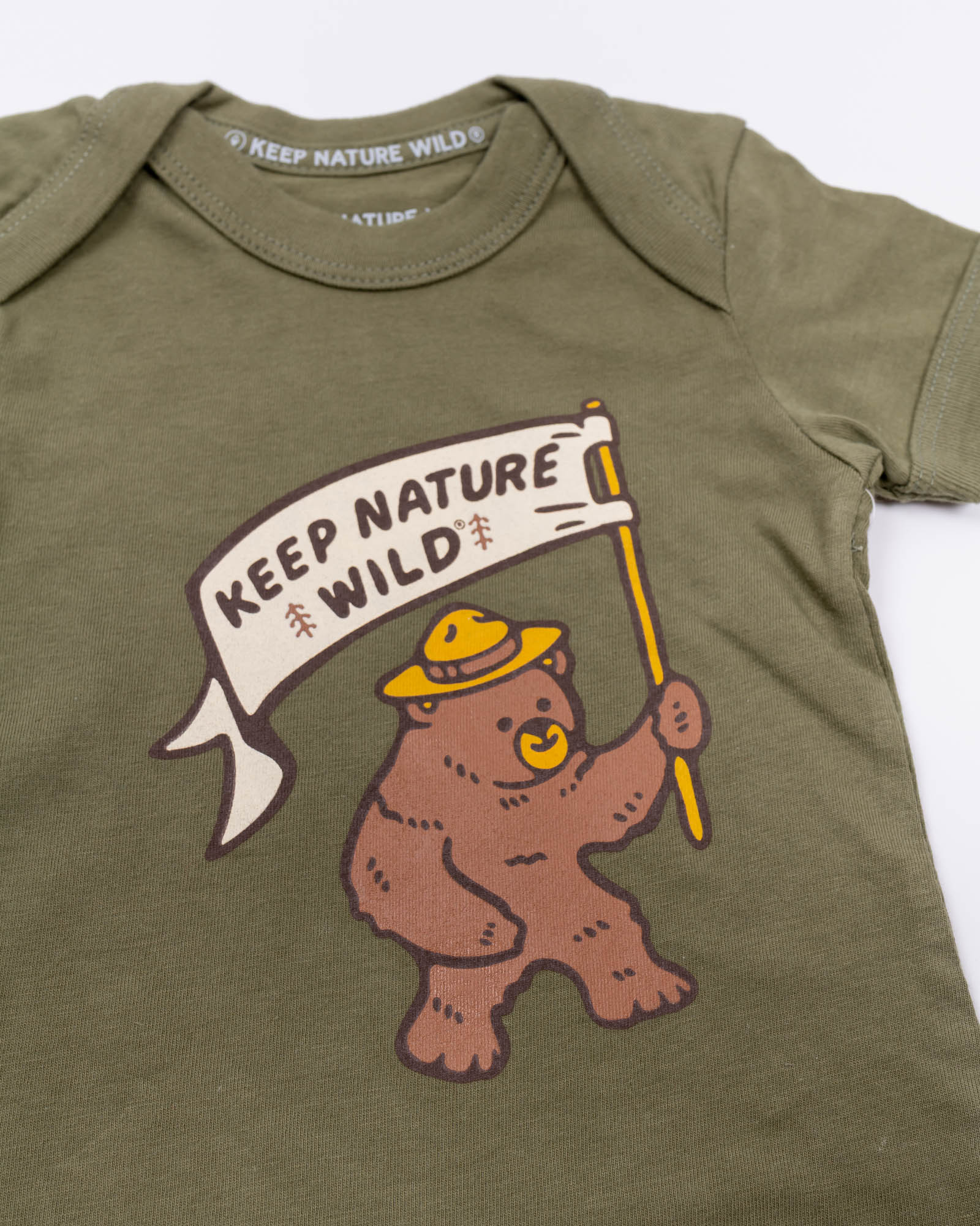 Keep Nature Wild Kids Happy Camper Bear Baby Bodysuit | Olive