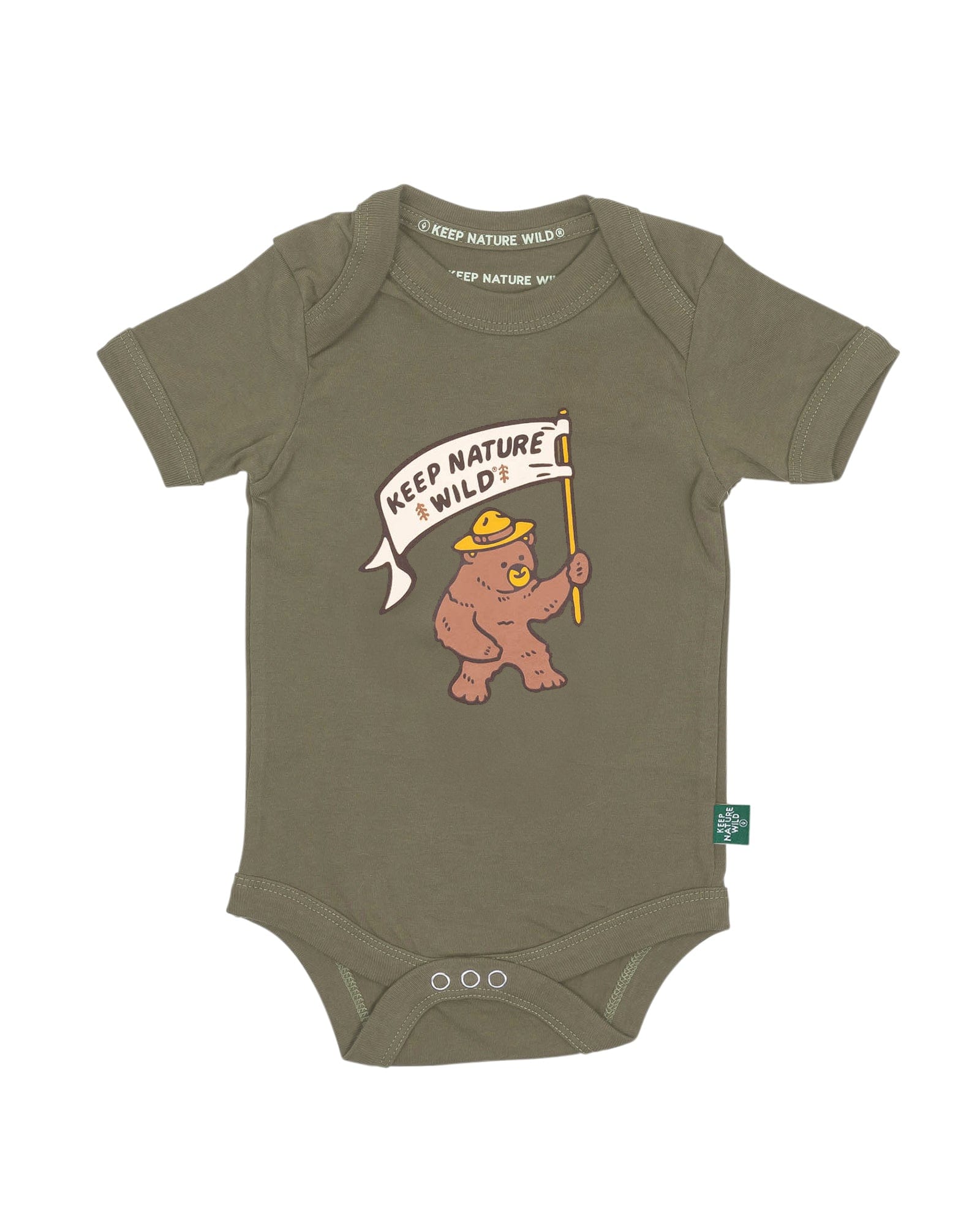 Keep Nature Wild Kids Happy Camper Bear Baby Bodysuit | Olive