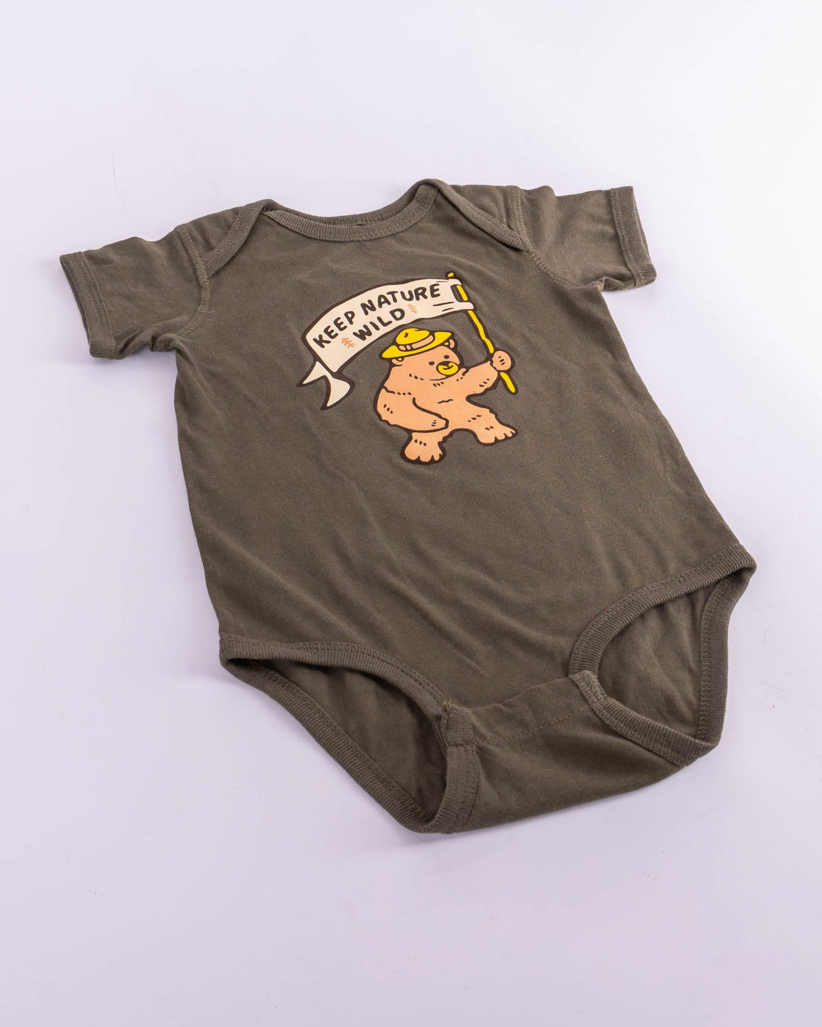 Keep Nature Wild Kids Happy Camper Bear Baby Bodysuit | Olive