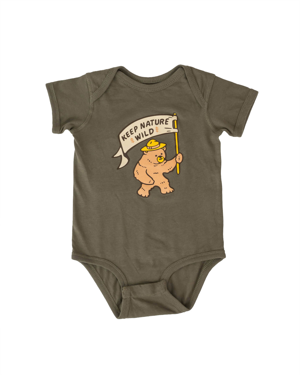 Keep Nature Wild Kids Happy Camper Bear Baby Bodysuit | Olive