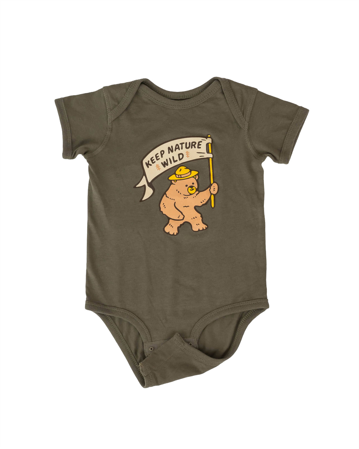 Keep Nature Wild Kids Happy Camper Bear Baby Bodysuit | Olive