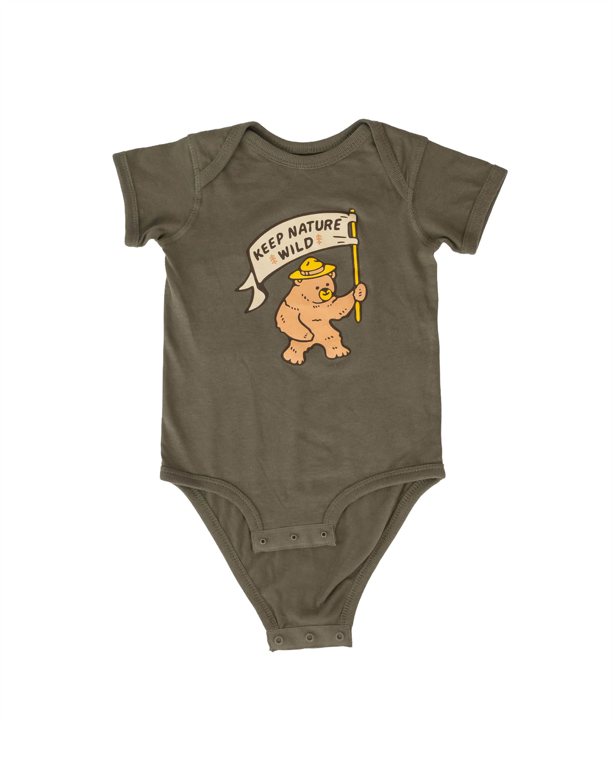 Keep Nature Wild Kids Happy Camper Bear Baby Bodysuit | Olive