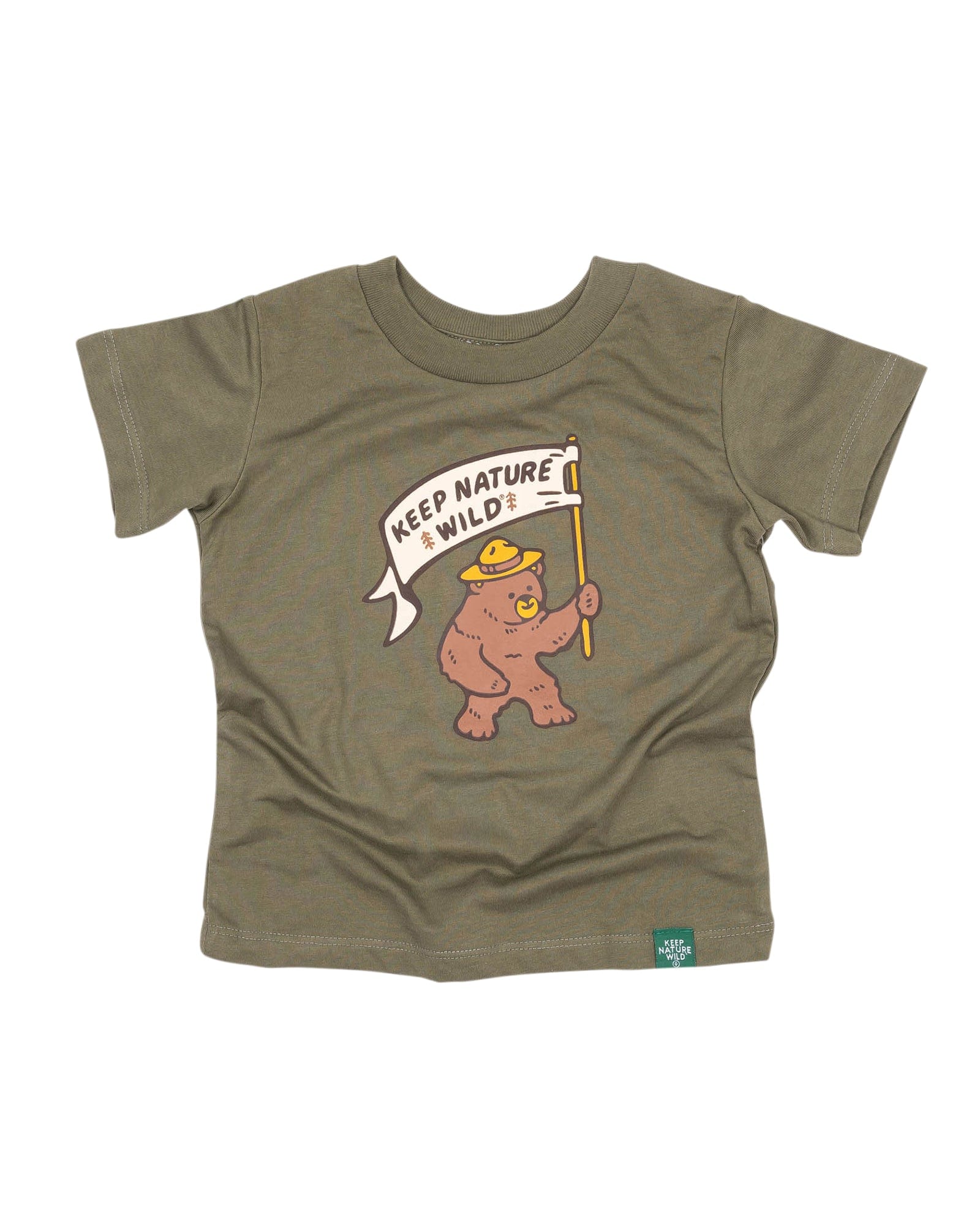 Keep Nature Wild Kids Happy Camper Bear Toddler Tee | Olive