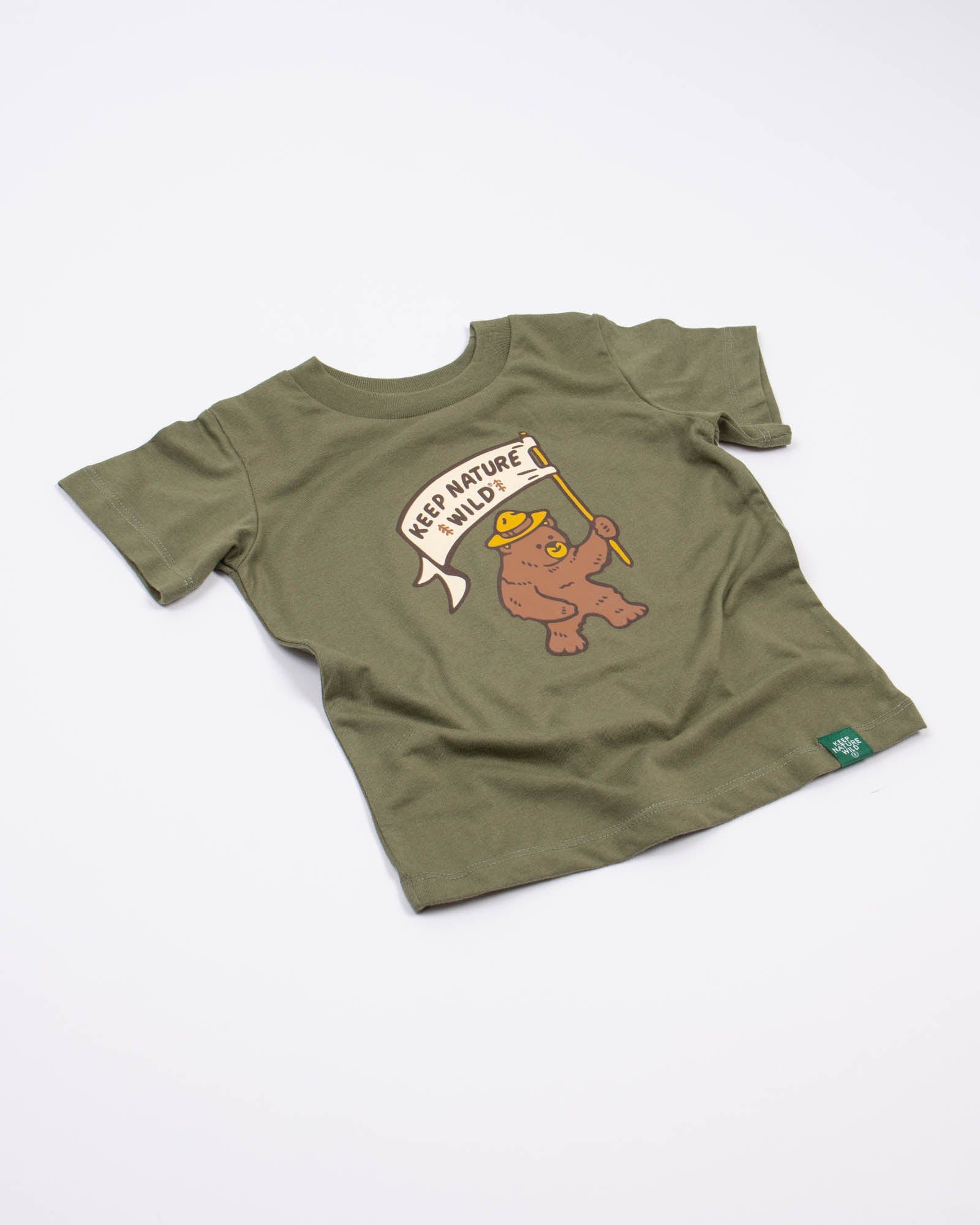 Keep Nature Wild Kids Happy Camper Bear Toddler Tee | Olive
