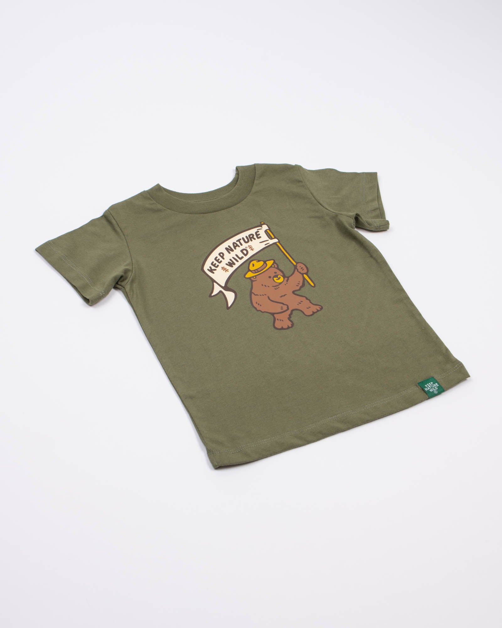 Keep Nature Wild Kids Happy Camper Bear Toddler Tee | Olive