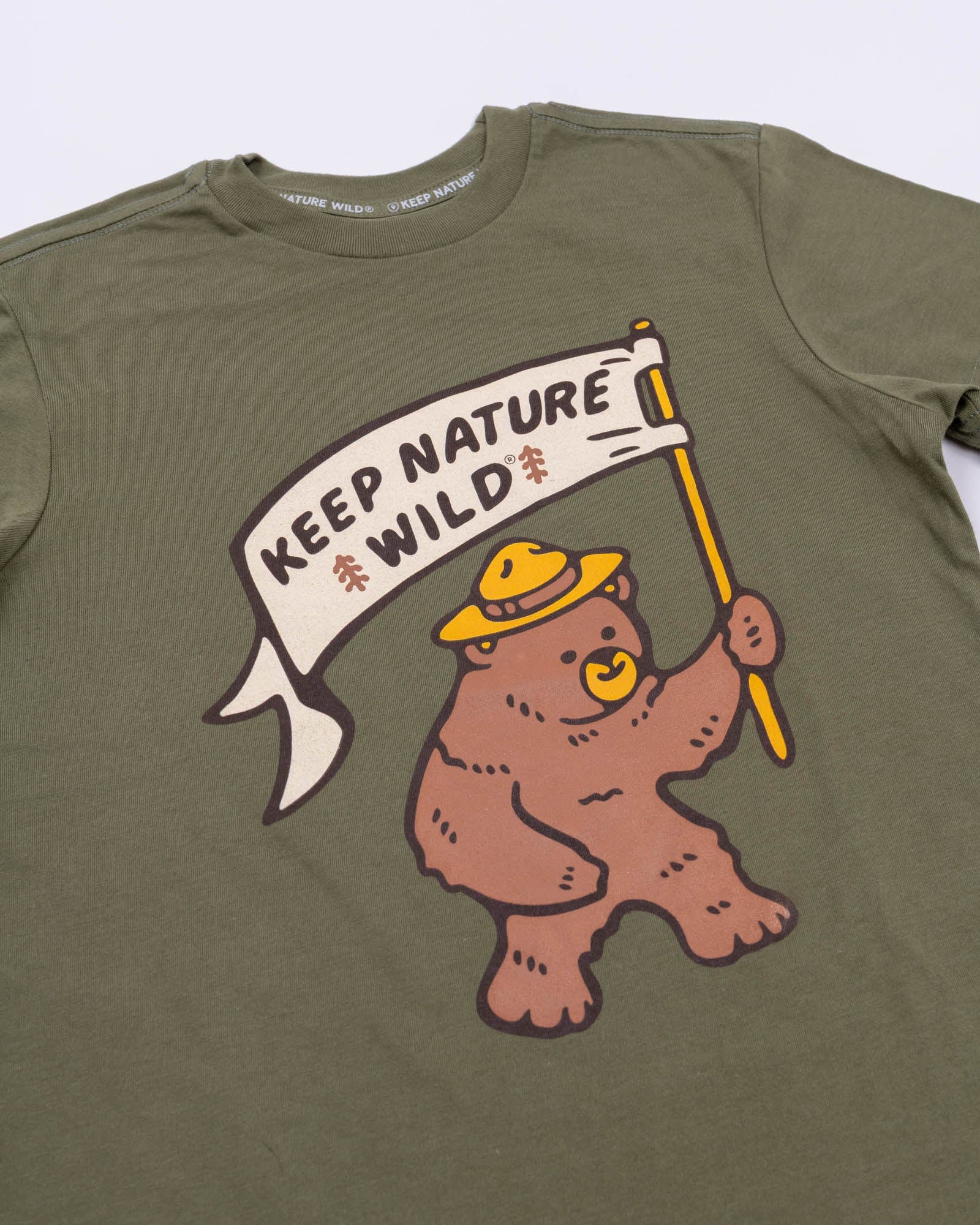 Keep Nature Wild Kids Happy Camper Bear Youth Tee | Olive