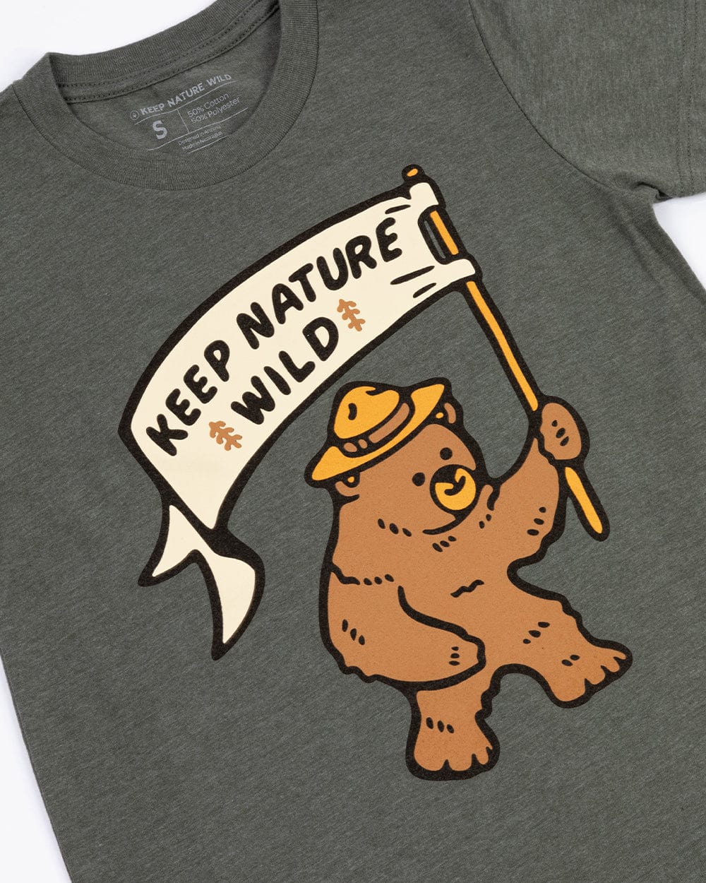 Keep Nature Wild Kids Happy Camper Bear Youth Tee | Olive